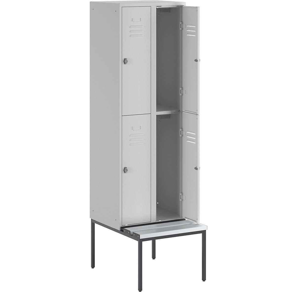 Vestiar cu două niveluri Berlin 2 cu bancă – Wolf, 2 module, gri deschis, lățime 600 mm, 4 compartimente-5