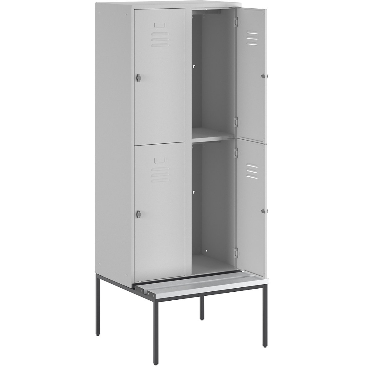 Vestiar cu două niveluri Berlin 2 cu bancă – Wolf, 2 module, gri deschis, lățime 800 mm, 4 compartimente-18