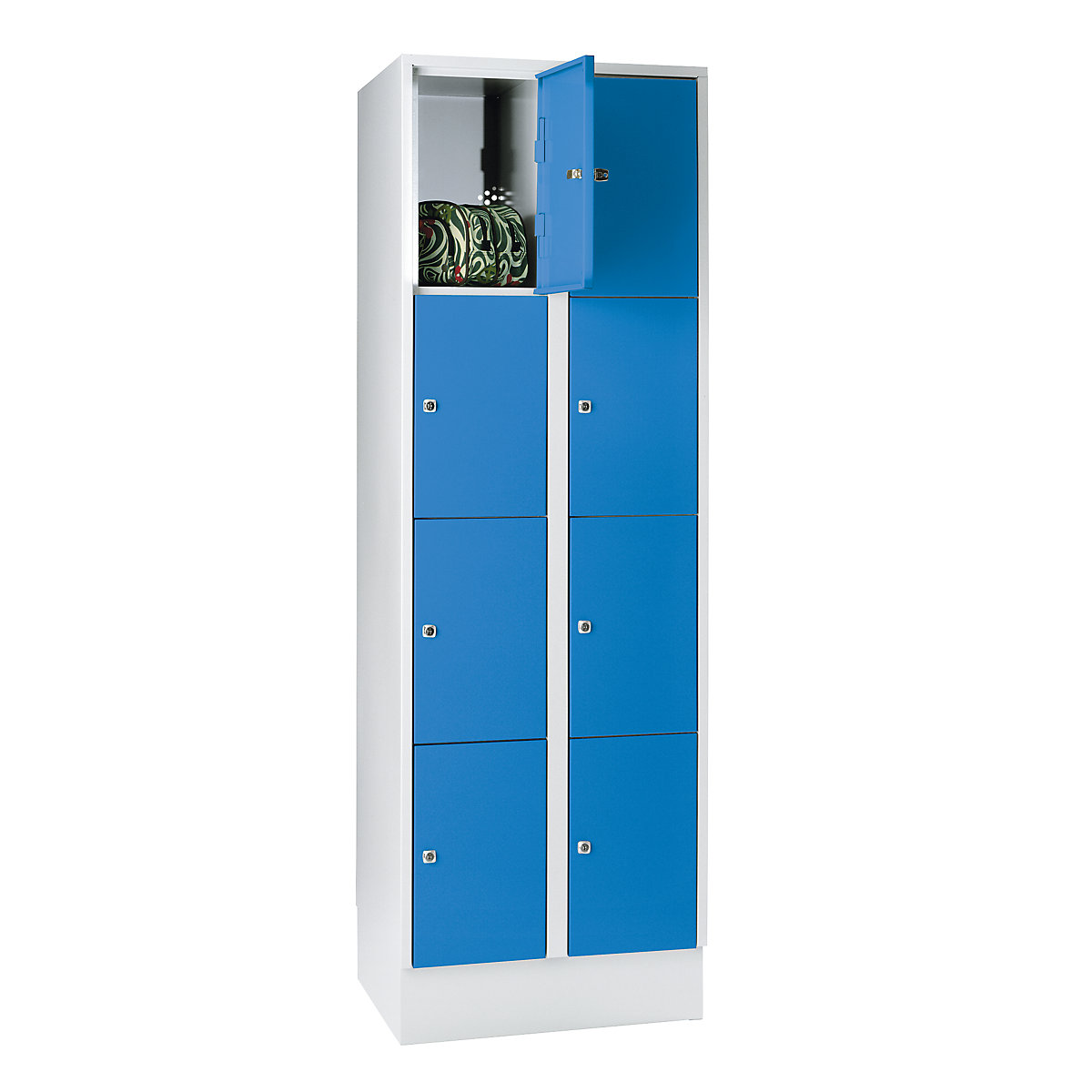 Dulap cu compartimente cu încuietoare – Wolf, cu soclu, 8 compartimente, 300 mm, gri deschis / albastru deschis-5