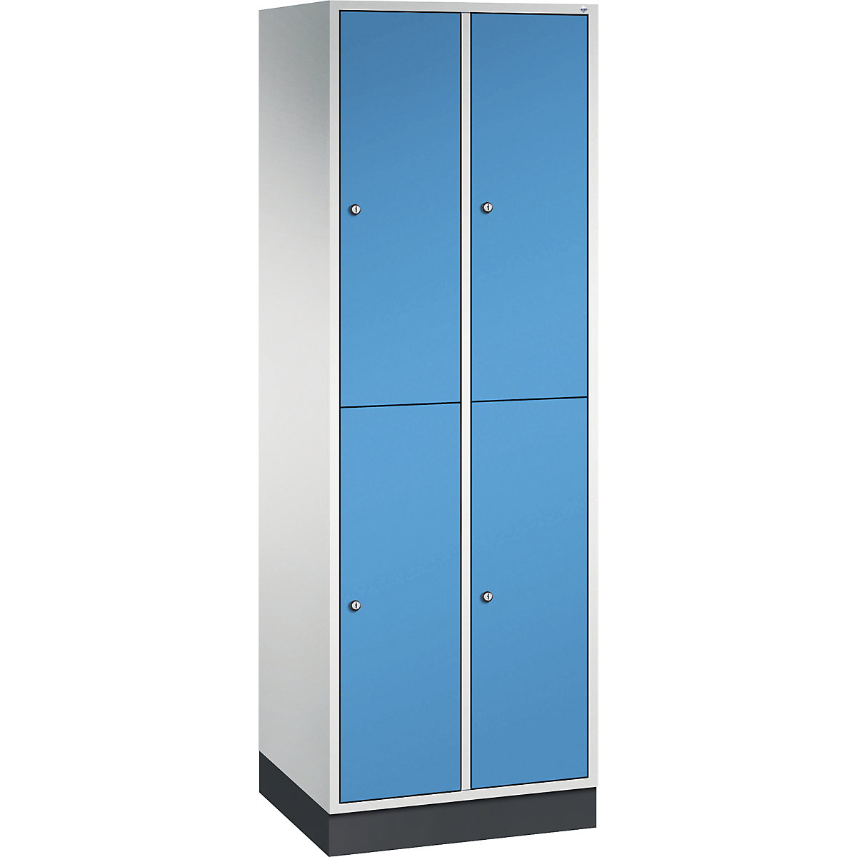 Dulap de vestiar din oțel INTRO, cu două niveluri – C+P, lăț. x ad. 620 x 500 mm, 4 compartimente, corp gri deschis, uși albastru deschis