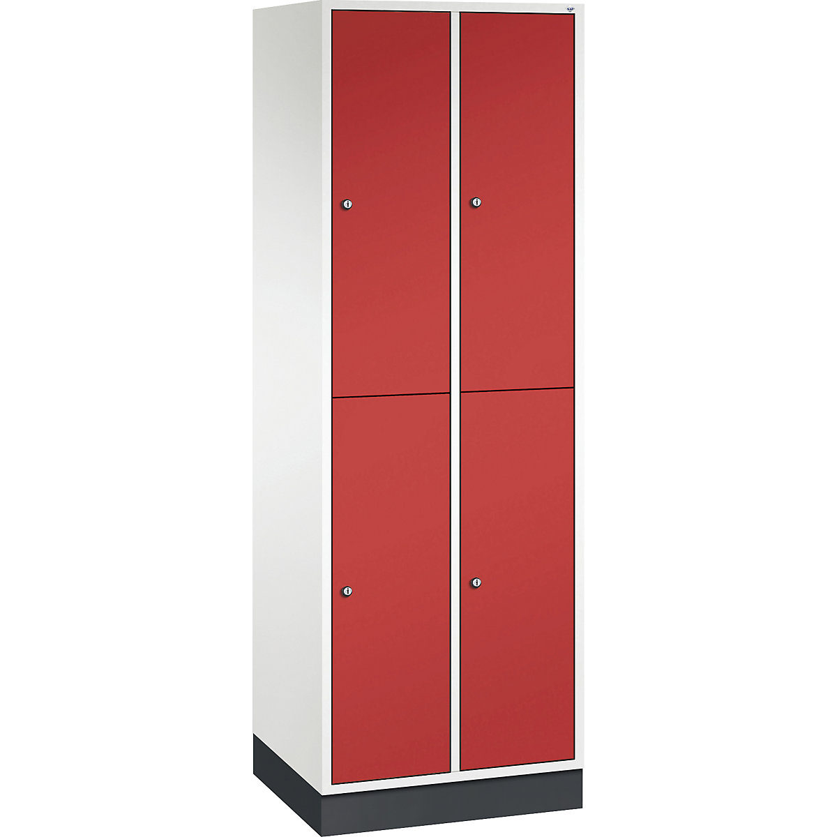 Dulap de vestiar din oțel INTRO, cu două niveluri – C+P, lăț. x ad. 620 x 500 mm, 4 compartimente, corp alb pur, uși roșu aprins
