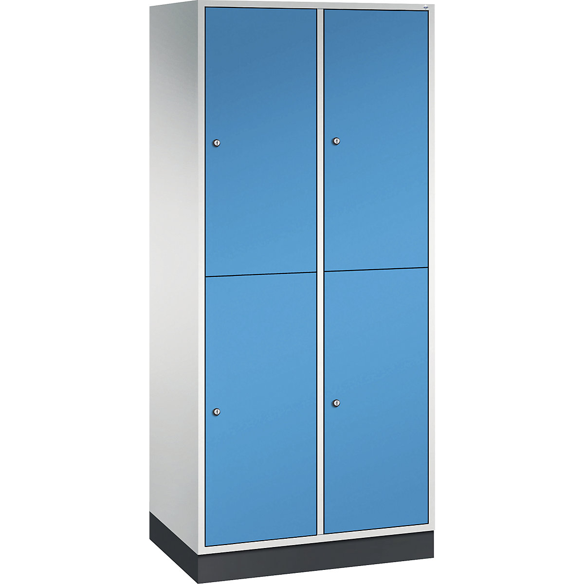 Dulap de vestiar din oțel INTRO, cu două niveluri – C+P, lăț. x ad. 820 x 500 mm, 4 compartimente, corp gri deschis, uși albastru deschis