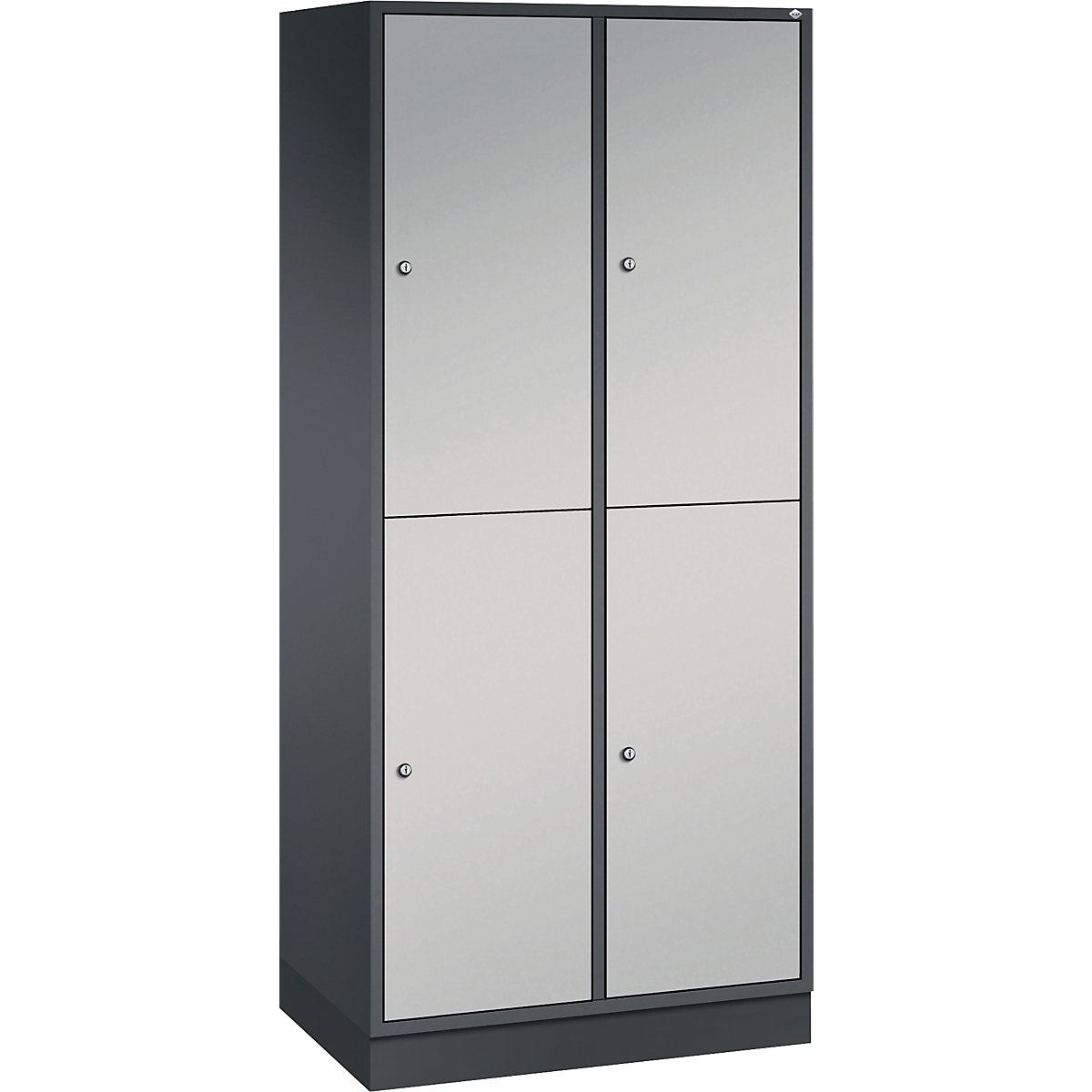 Dulap de vestiar din oțel INTRO, cu două niveluri – C+P, lăț. x ad. 820 x 500 mm, 4 compartimente, corp gri negru, uși alb aluminiu
