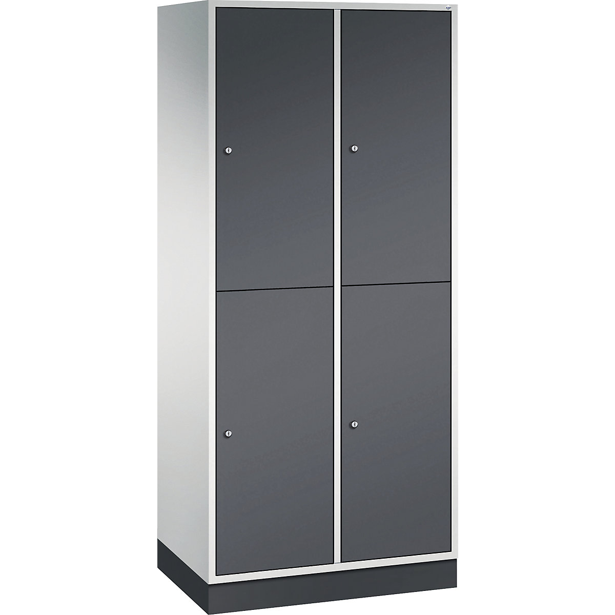Dulap de vestiar din oțel INTRO, cu două niveluri – C+P, lăț. x ad. 820 x 500 mm, 4 compartimente, corp gri deschis, uși gri negru