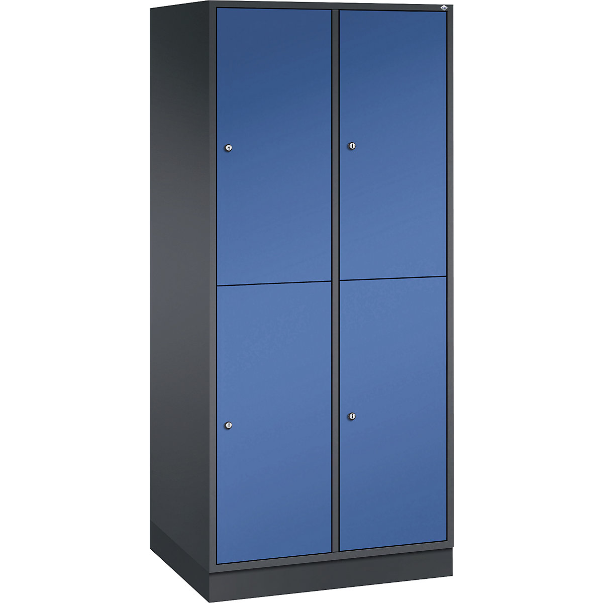 Dulap de vestiar din oțel INTRO, cu două niveluri – C+P, lăț. x ad. 820 x 600 mm, 4 compartimente, corp gri negru, uși albastru gențiană