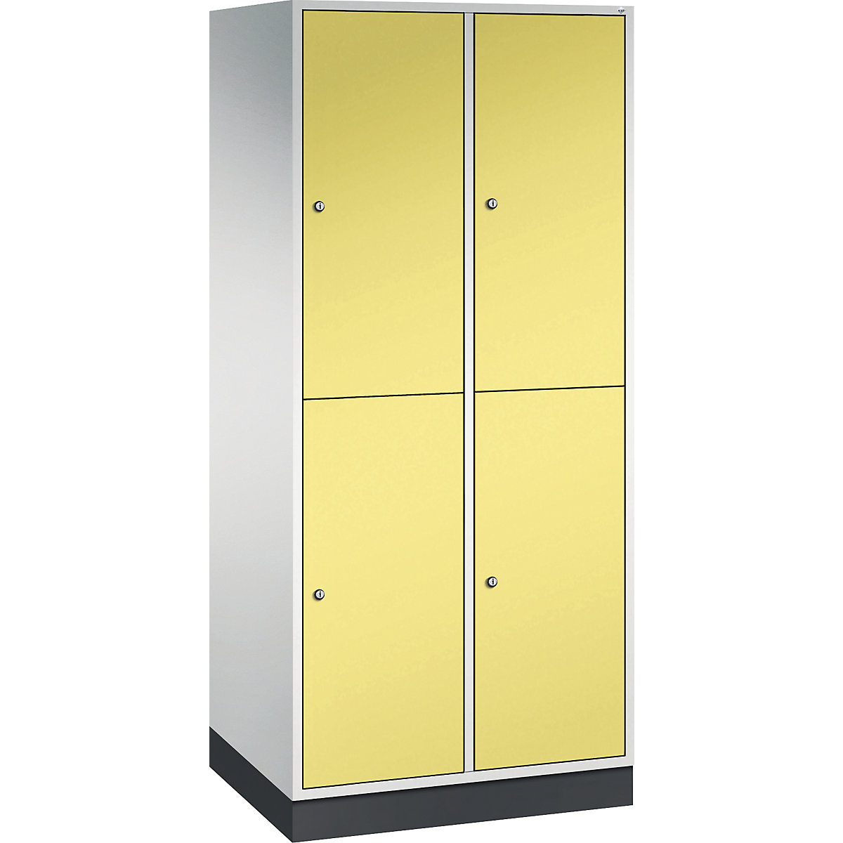 Dulap de vestiar din oțel INTRO, cu două niveluri – C+P, lăț. x ad. 820 x 600 mm, 4 compartimente, corp gri deschis, ușă galben sulf