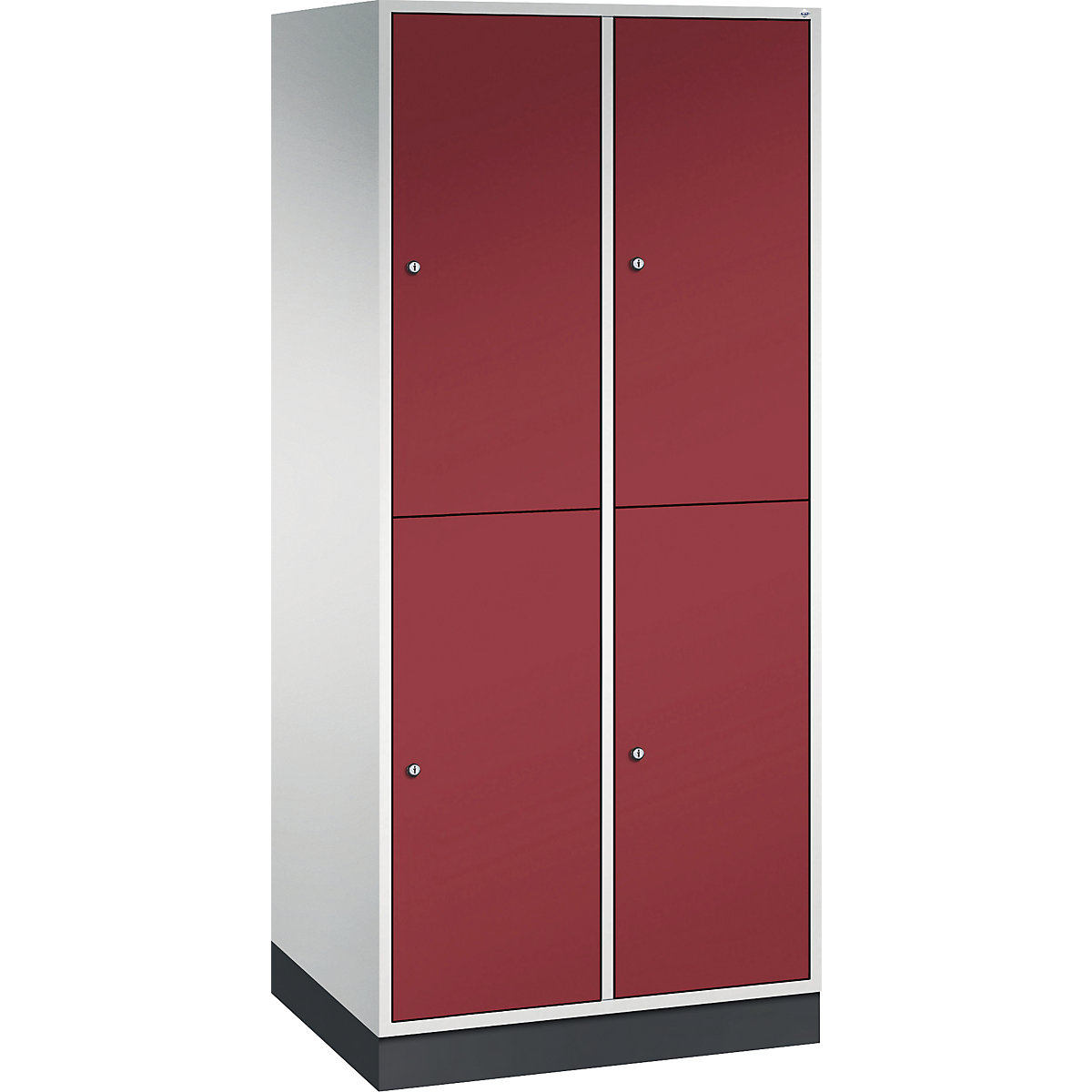 Dulap de vestiar din oțel INTRO, cu două niveluri – C+P, lăț. x ad. 820 x 600 mm, 4 compartimente, corp gri deschis, uși roșu rubin