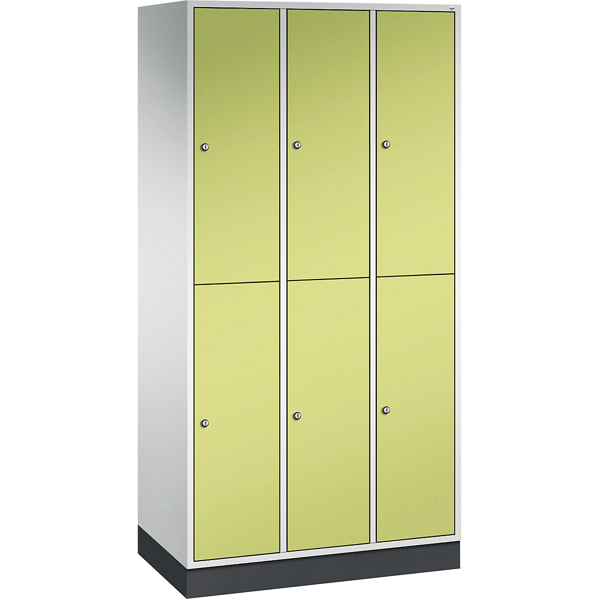Dulap de vestiar din oțel INTRO, cu două niveluri – C+P, lăț. x ad. 920 x 500 mm, 6 compartimente, corp gri deschis, uși verde viridin
