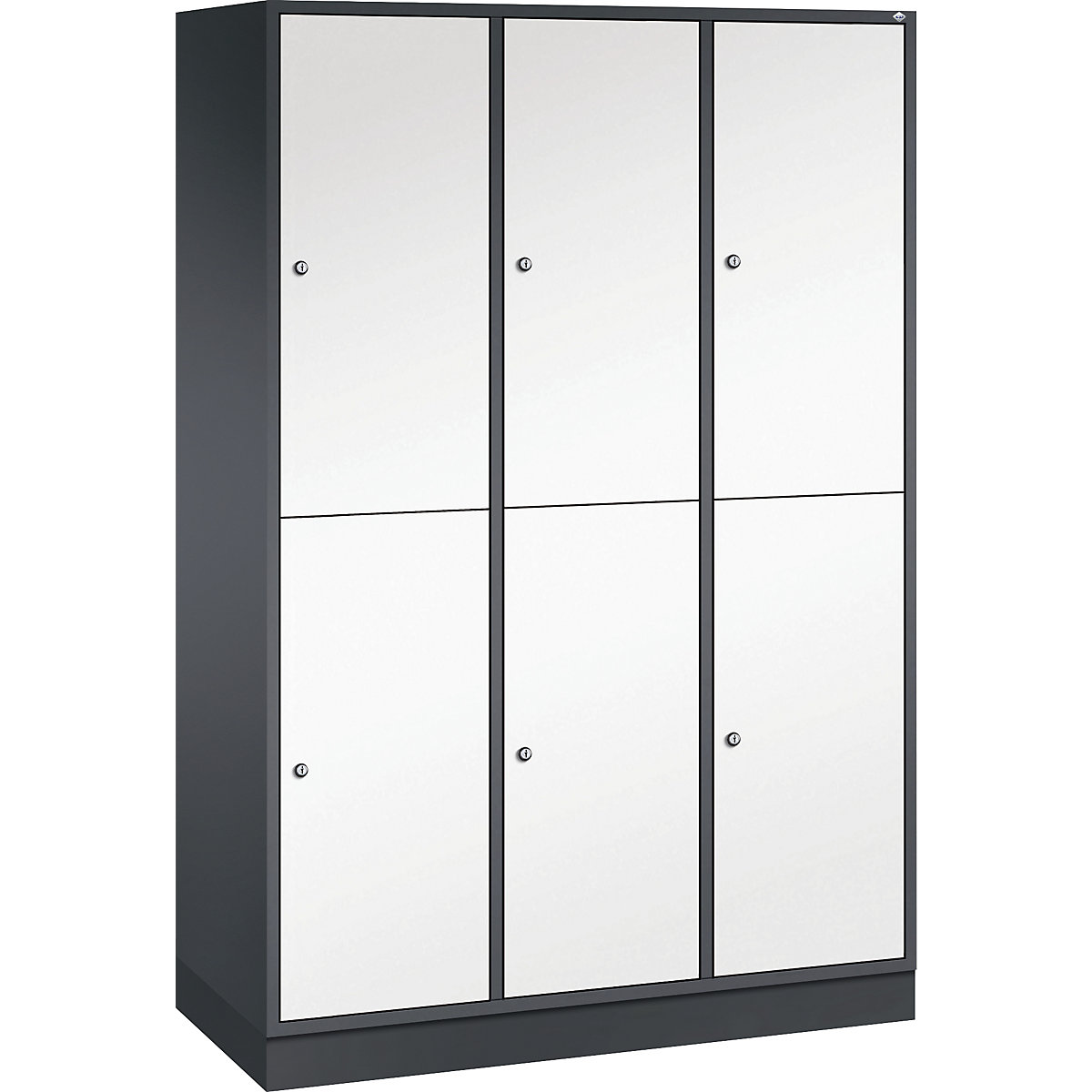 Dulap de vestiar din oțel INTRO, cu două niveluri – C+P, lăț. x ad. 1220 x 500 mm, 6 compartimente, corp gri negru, uși alb pur