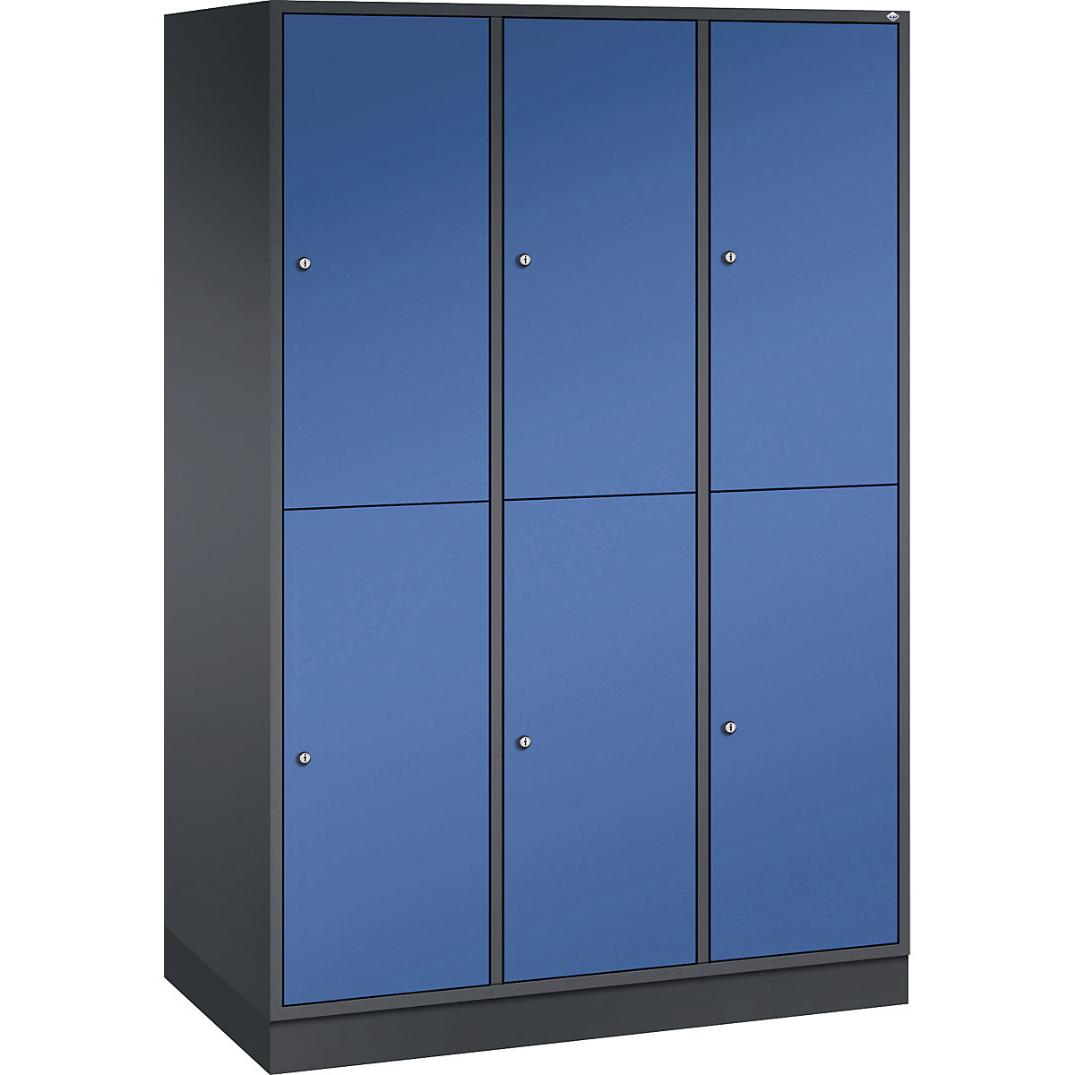 Dulap de vestiar din oțel INTRO, cu două niveluri – C+P, lăț. x ad. 1220 x 600 mm, 6 compartimente, corp gri negru, uși albastru gențiană