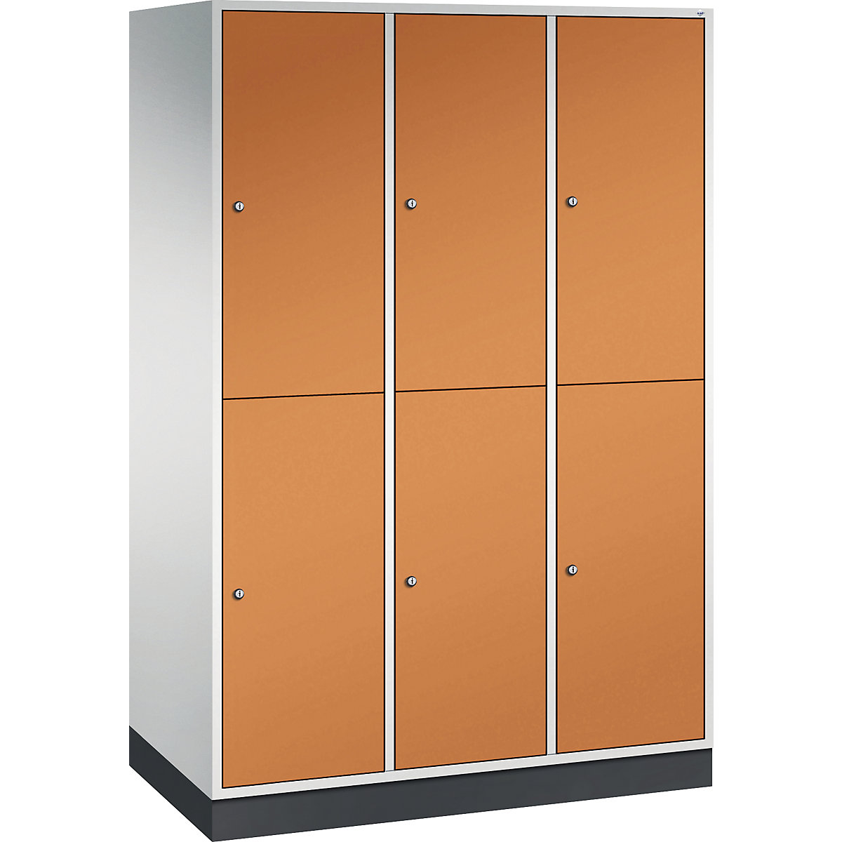 Dulap de vestiar din oțel INTRO, cu două niveluri – C+P, lăț. x ad. 1220 x 600 mm, 6 compartimente, corp gri deschis, uși galben-portocaliu