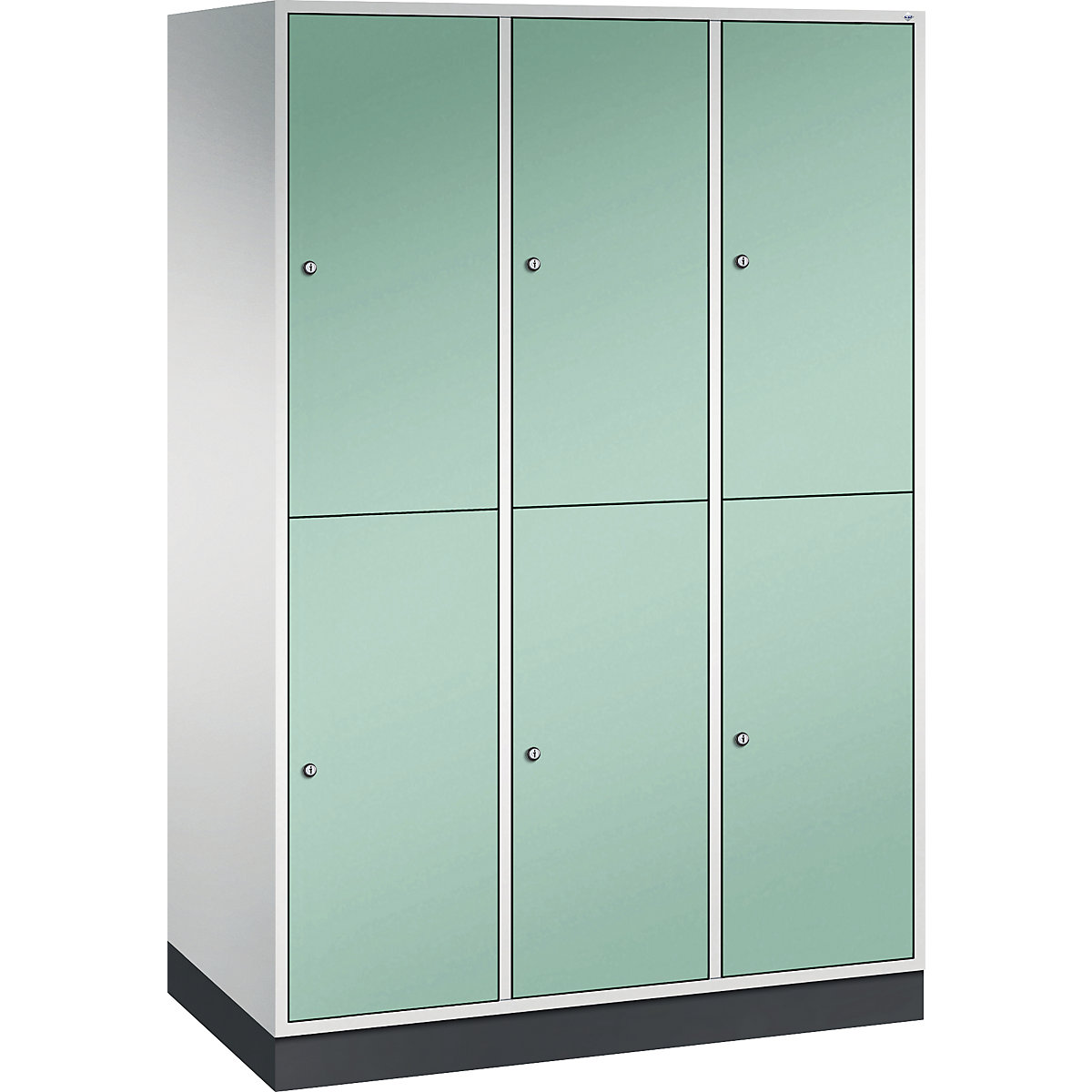 Dulap de vestiar din oțel INTRO, cu două niveluri – C+P, lăț. x ad. 1220 x 600 mm, 6 compartimente, corp gri deschis, uși verde deschis