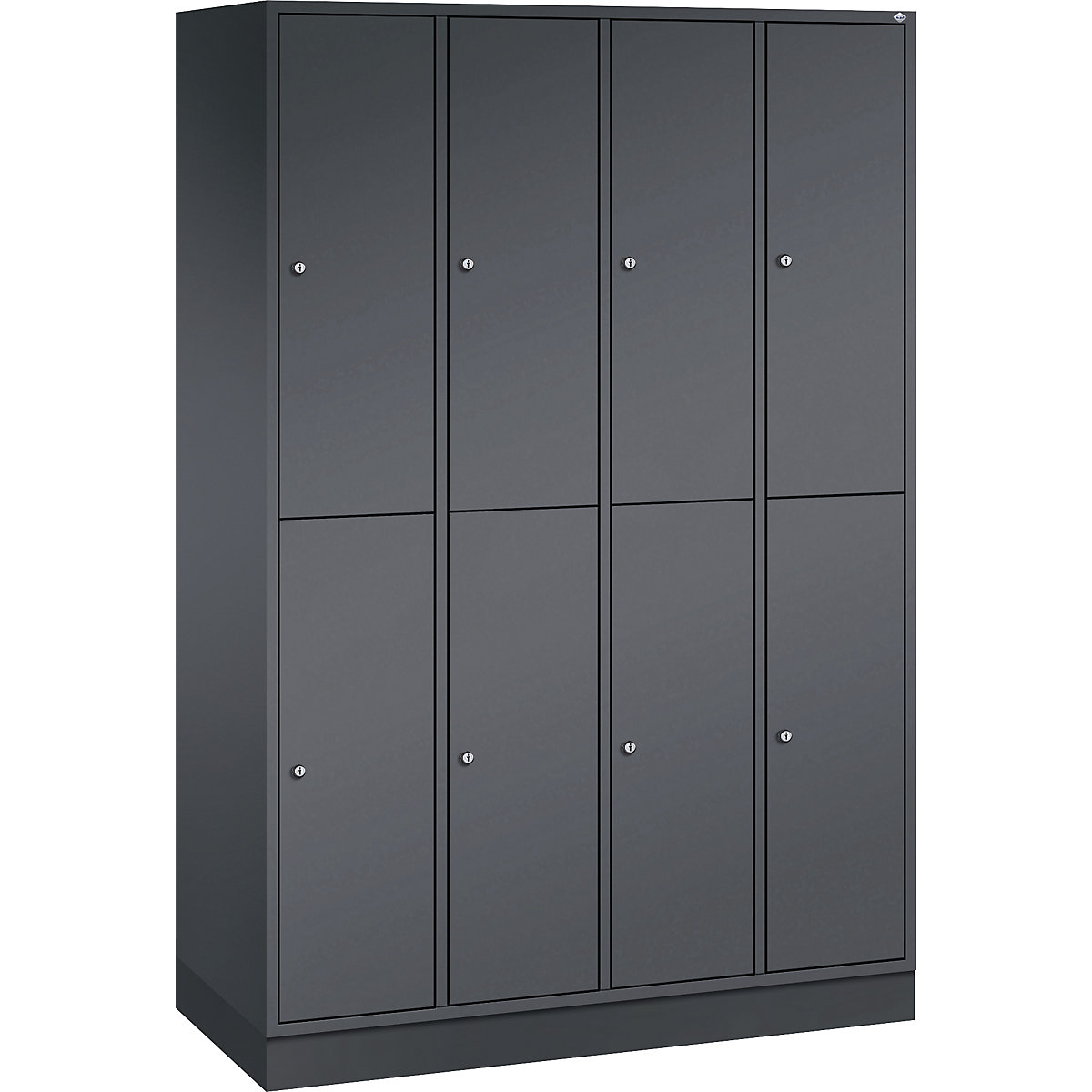 Dulap de vestiar din oțel INTRO, cu două niveluri – C+P, lăț. x ad. 1220 x 500 mm, 8 compartimente, corp gri negru, uși gri negru