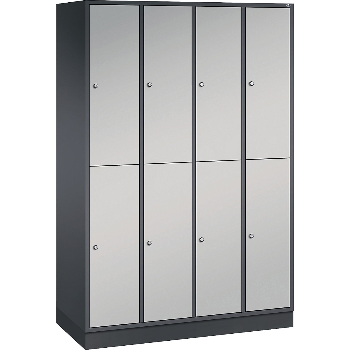 Dulap de vestiar din oțel INTRO, cu două niveluri – C+P, lăț. x ad. 1220 x 500 mm, 8 compartimente, corp gri negru, uși alb aluminiu