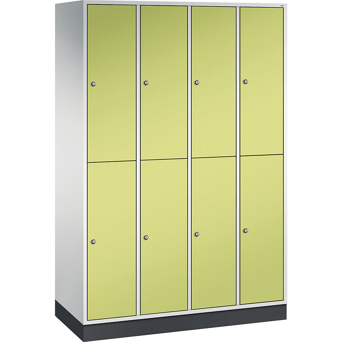 Dulap de vestiar din oțel INTRO, cu două niveluri – C+P, lăț. x ad. 1220 x 500 mm, 8 compartimente, corp gri deschis, uși verde viridin