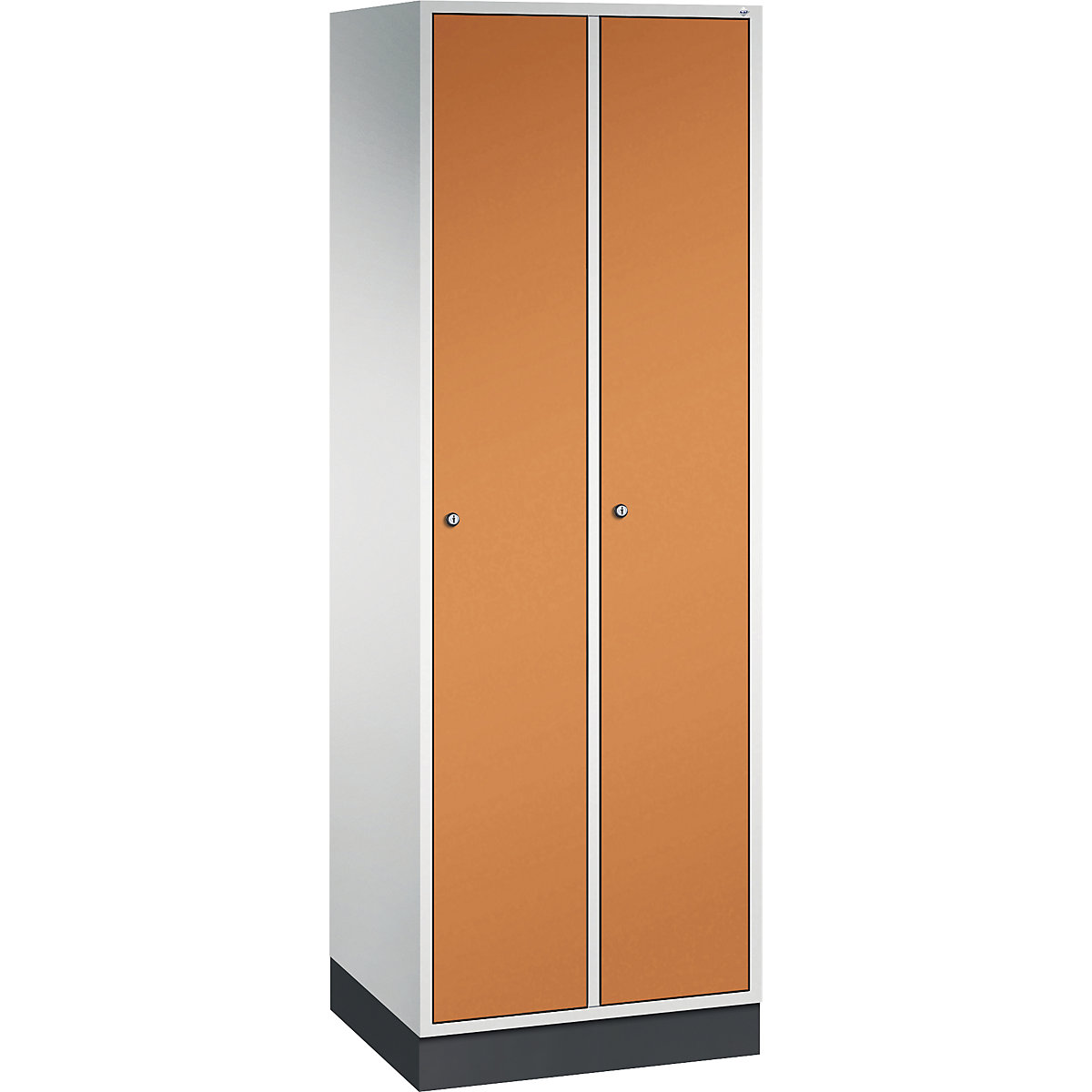 Dulap de vestiar din oțel INTRO – C+P, lățime 620 mm, 2 module, corp gri deschis, uși galben-portocaliu