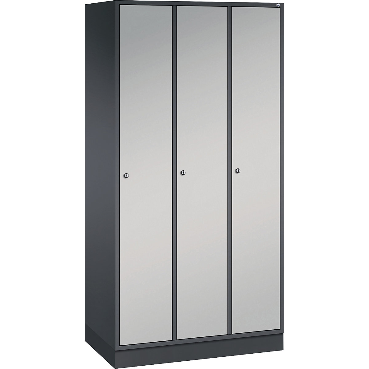 Dulap de vestiar din oțel INTRO – C+P, lățime 920 mm, 3 module, corp gri negru, uși alb aluminiu