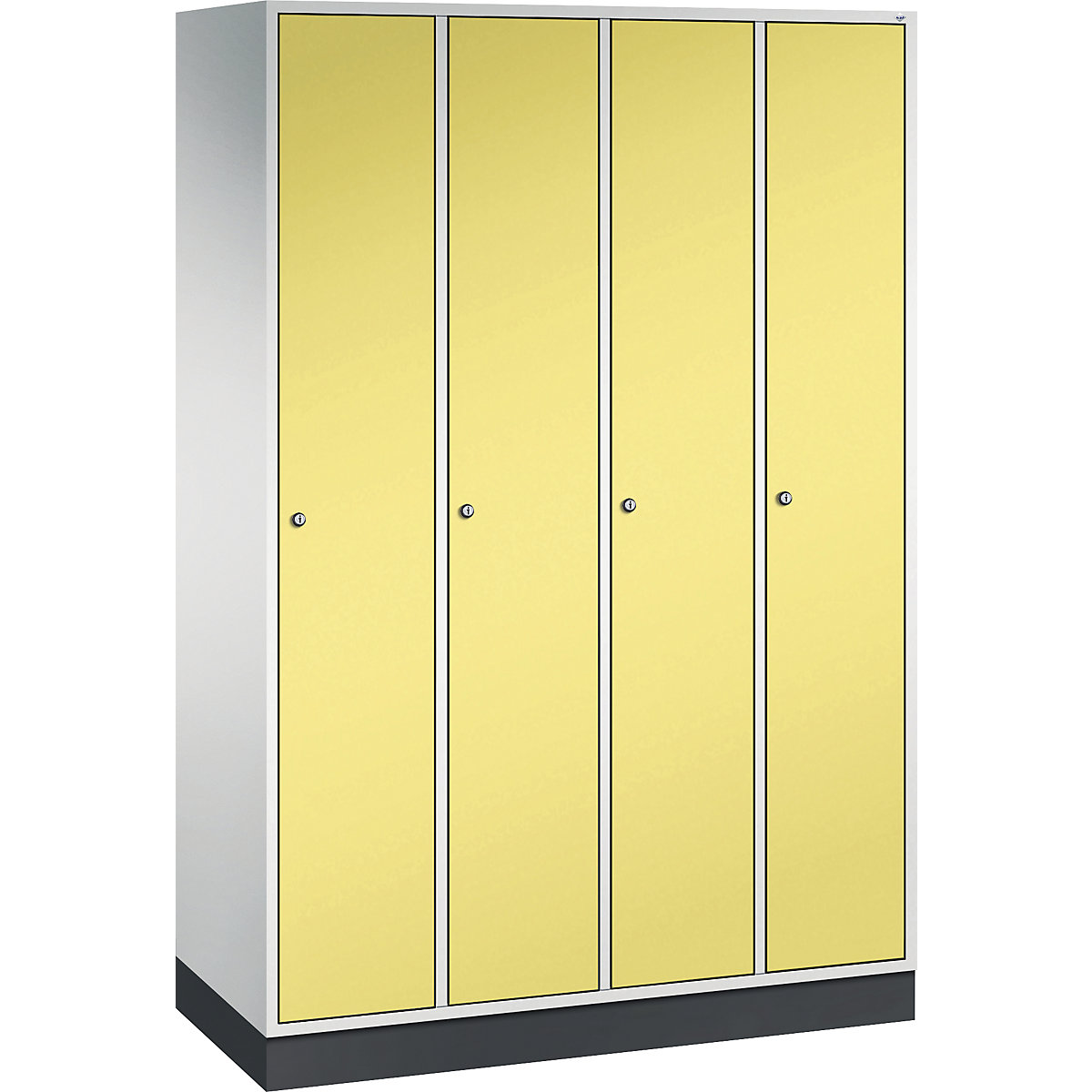 Dulap de vestiar din oțel INTRO – C+P, lățime 1220 mm, 4 module, corp gri deschis, uși galben sulf