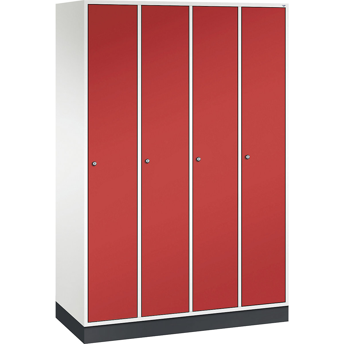 Dulap de vestiar din oțel INTRO – C+P, lățime 1220 mm, 4 module, corp alb pur, uși roșu aprins