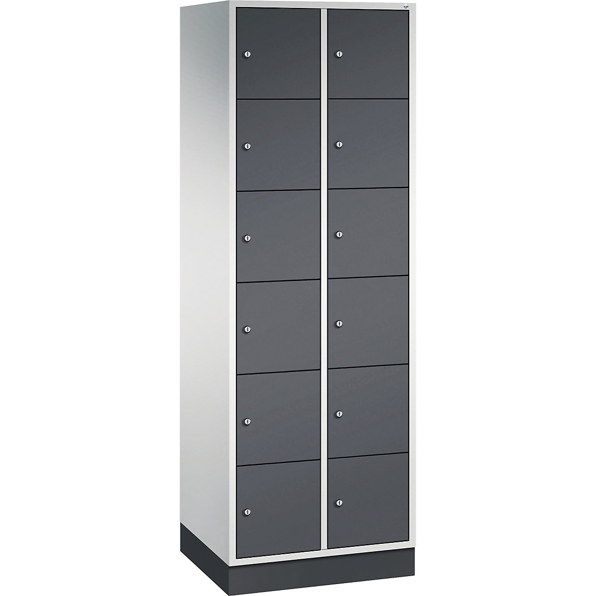 Dulap din oțel cu compartimente cu încuietoare INTRO, înălțime compartiment 285 mm – C+P, lăț. x ad. 620 x 500 mm, 12 compartimente, corp gri deschis, uși gri negru