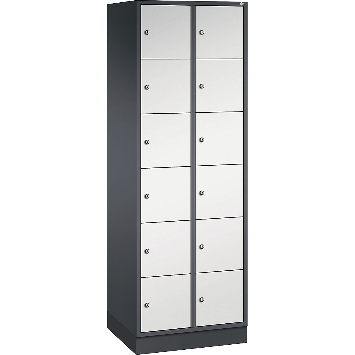 Dulap din oțel cu compartimente cu încuietoare INTRO, înălțime compartiment 285 mm – C+P, lăț. x ad. 620 x 500 mm, 12 compartimente, corp gri negru, uși gri deschis