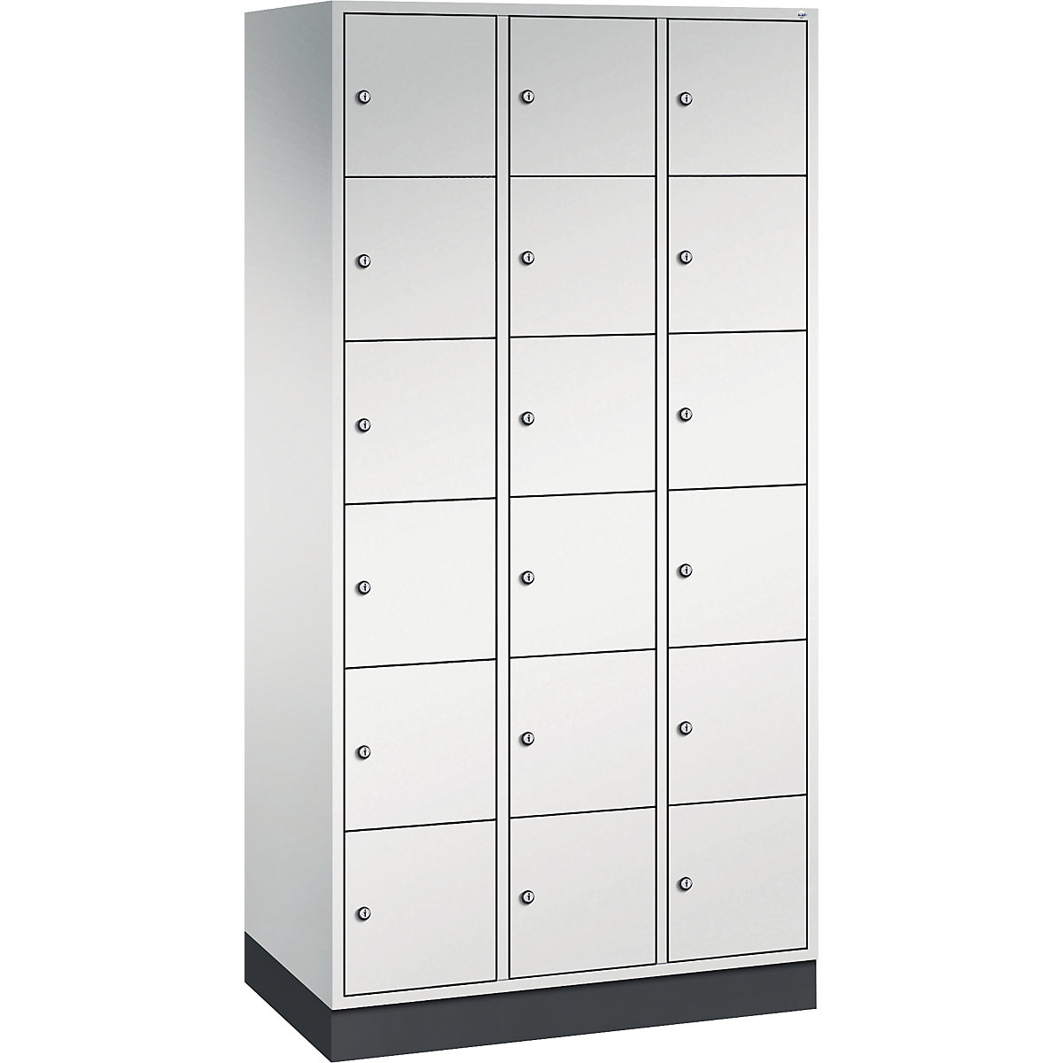 Dulap din oțel cu compartimente cu încuietoare INTRO, înălțime compartiment 285 mm – C+P, lăț. x ad. 920 x 500 mm, 18 compartimente, corp gri deschis, uși gri deschis