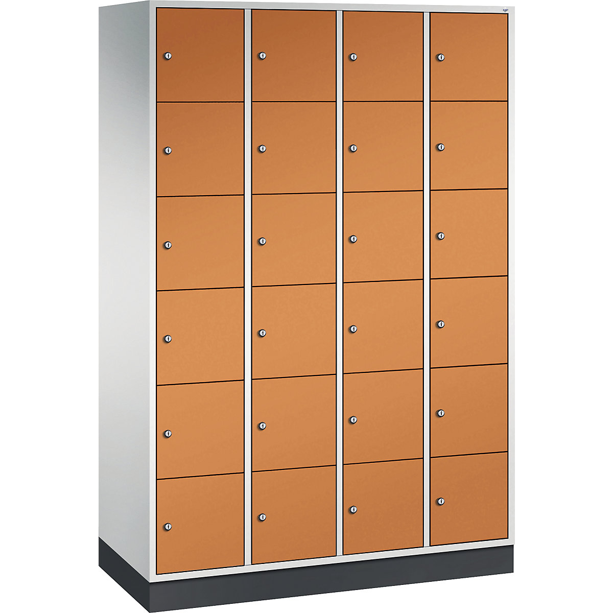 Dulap din oțel cu compartimente cu încuietoare INTRO, înălțime compartiment 285 mm – C+P, lăț. x ad. 1220 x 500 mm, 24 compartimente, corp gri deschis, uși galben-portocaliu