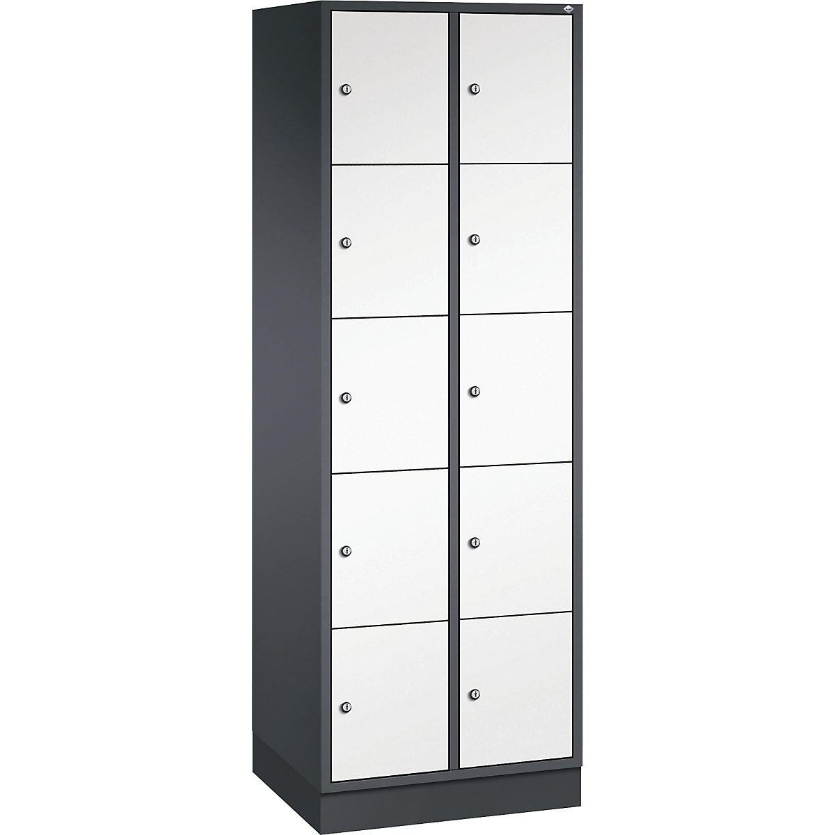 Dulap din oțel cu compartimente cu încuietoare INTRO, înălțime compartiment 345 mm – C+P, lăț. x ad. 620 x 500 mm, 10 compartimente, corp gri negru, uși alb pur