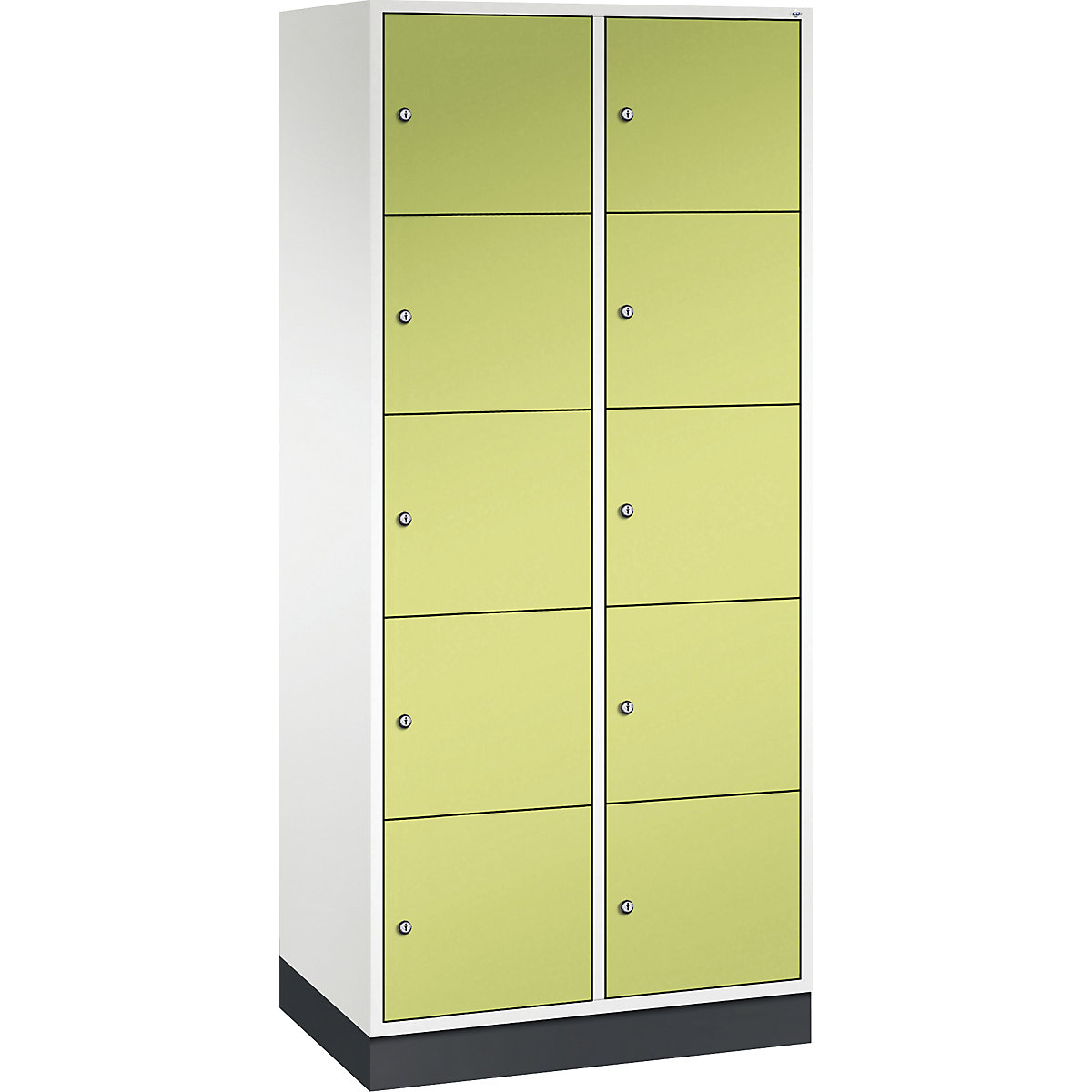 Dulap din oțel cu compartimente cu încuietoare INTRO, înălțime compartiment 345 mm – C+P, lăț. x ad. 820 x 500 mm, 10 compartimente, corp alb pur, uși verde viridin