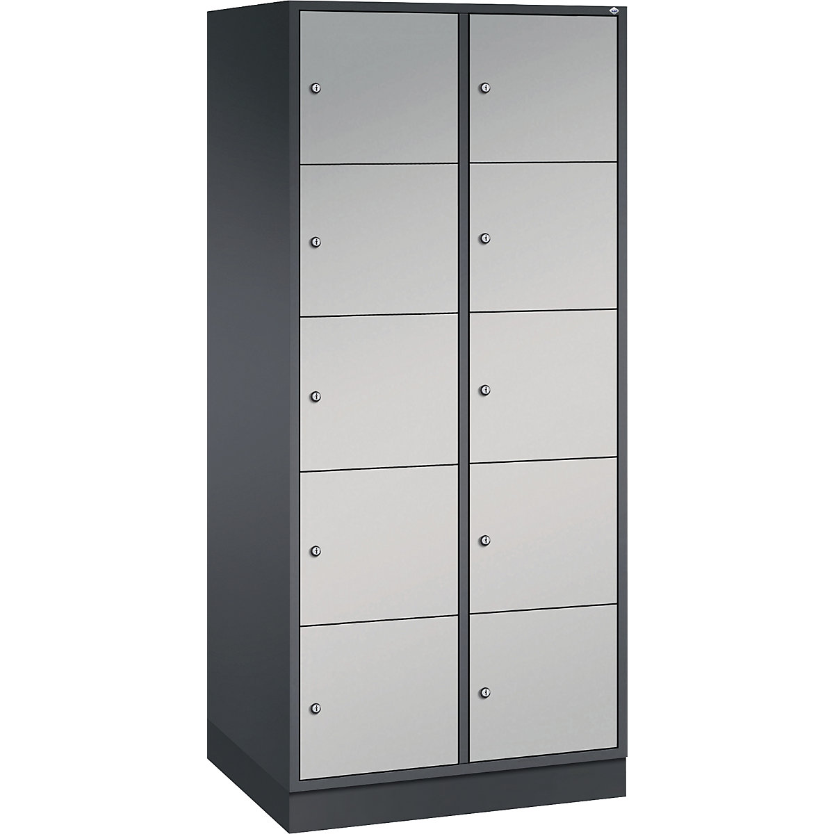 Dulap din oțel cu compartimente cu încuietoare INTRO, înălțime compartiment 345 mm – C+P, lăț. x ad. 820 x 600 mm, 10 compartimente, corp gri negru, uși alb aluminiu