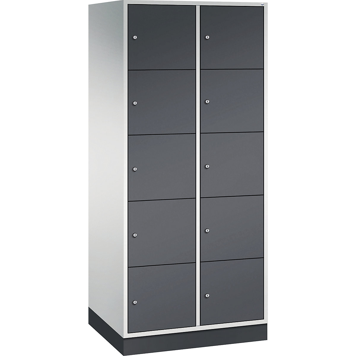 Dulap din oțel cu compartimente cu încuietoare INTRO, înălțime compartiment 345 mm – C+P, lăț. x ad. 820 x 600 mm, 10 compartimente, corp gri deschis, uși gri negru