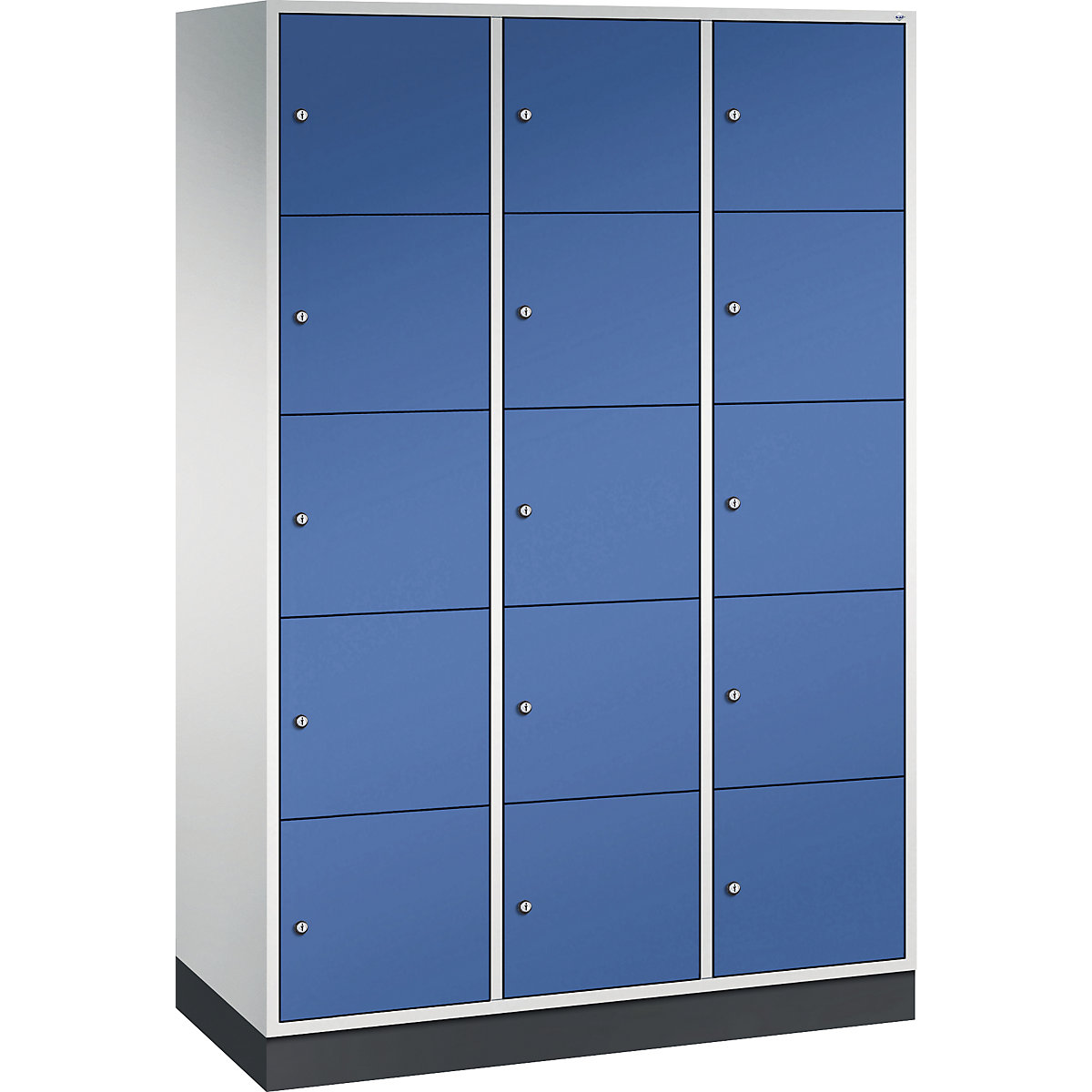 Dulap din oțel cu compartimente cu încuietoare INTRO, înălțime compartiment 345 mm – C+P, lăț. x ad. 1220 x 500 mm, 15 compartimente, corp gri deschis, uși albastru gențiană