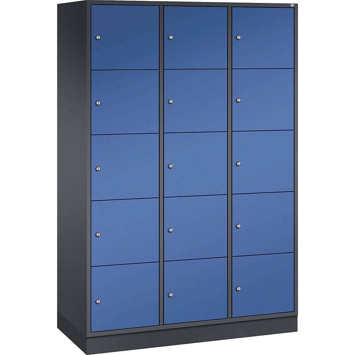 Dulap din oțel cu compartimente cu încuietoare INTRO, înălțime compartiment 345 mm – C+P, lăț. x ad. 1220 x 500 mm, 15 compartimente, corp gri negru, uși albastru gențiană
