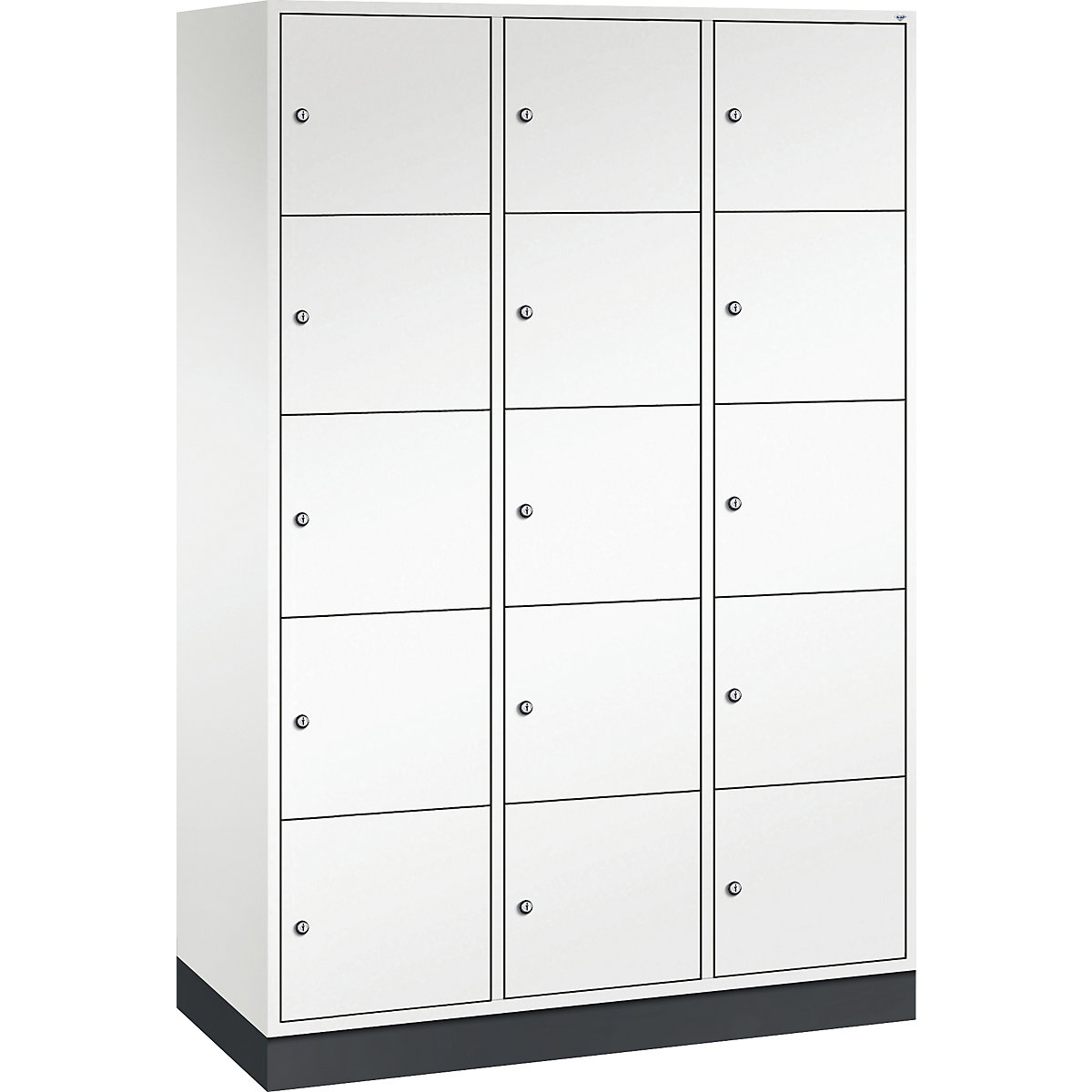Dulap din oțel cu compartimente cu încuietoare INTRO, înălțime compartiment 345 mm – C+P, lăț. x ad. 1220 x 500 mm, 15 compartimente, corp alb pur, uși alb pur