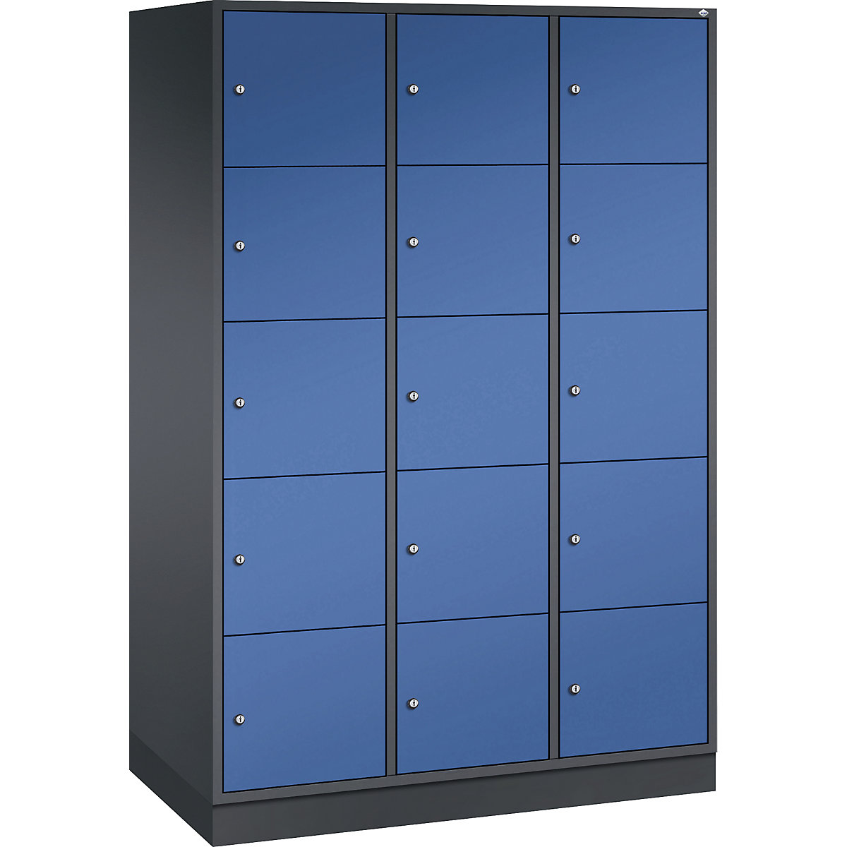 Dulap din oțel cu compartimente cu încuietoare INTRO, înălțime compartiment 345 mm – C+P, lăț. x ad. 1220 x 600 mm, 15 compartimente, corp gri negru, uși albastru gențiană