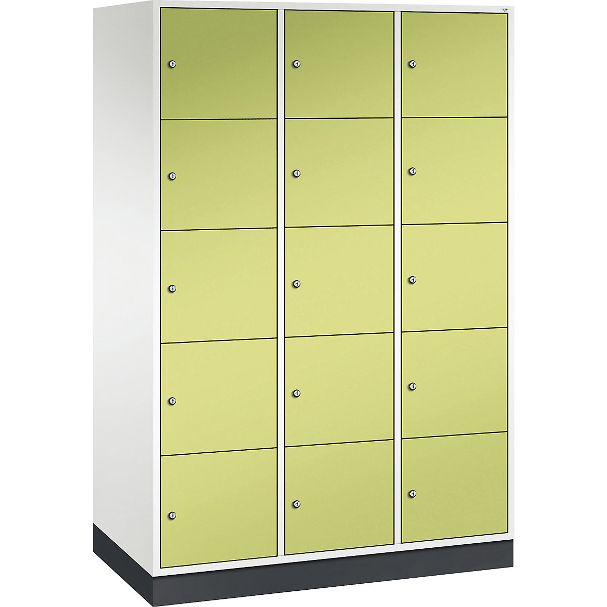 Dulap din oțel cu compartimente cu încuietoare INTRO, înălțime compartiment 345 mm – C+P, lăț. x ad. 1220 x 600 mm, 15 compartimente, corp alb pur, uși verde viridin