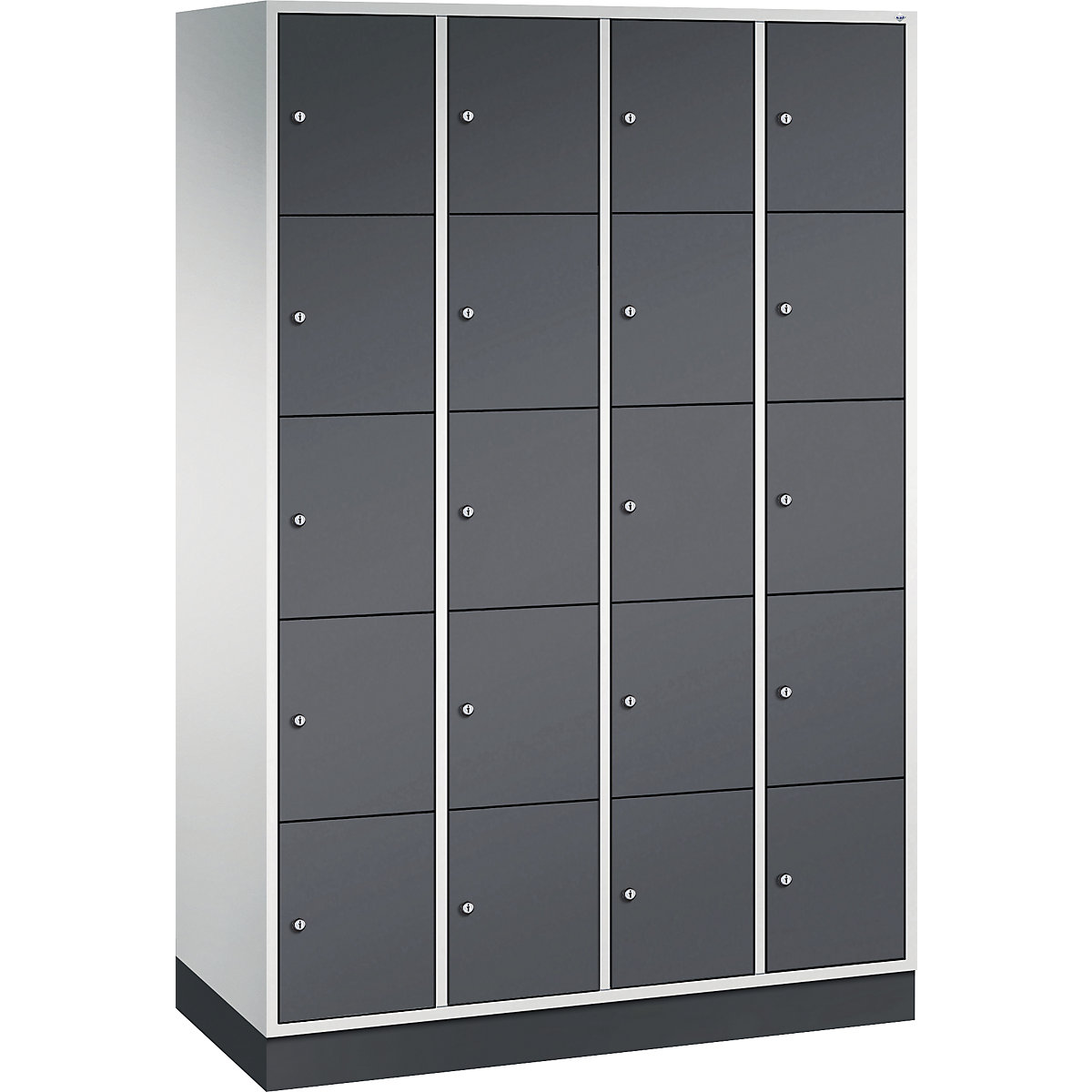 Dulap din oțel cu compartimente cu încuietoare INTRO, înălțime compartiment 345 mm – C+P, lăț. x ad. 1220 x 500 mm, 20 compartimente, corp gri deschis, uși gri negru