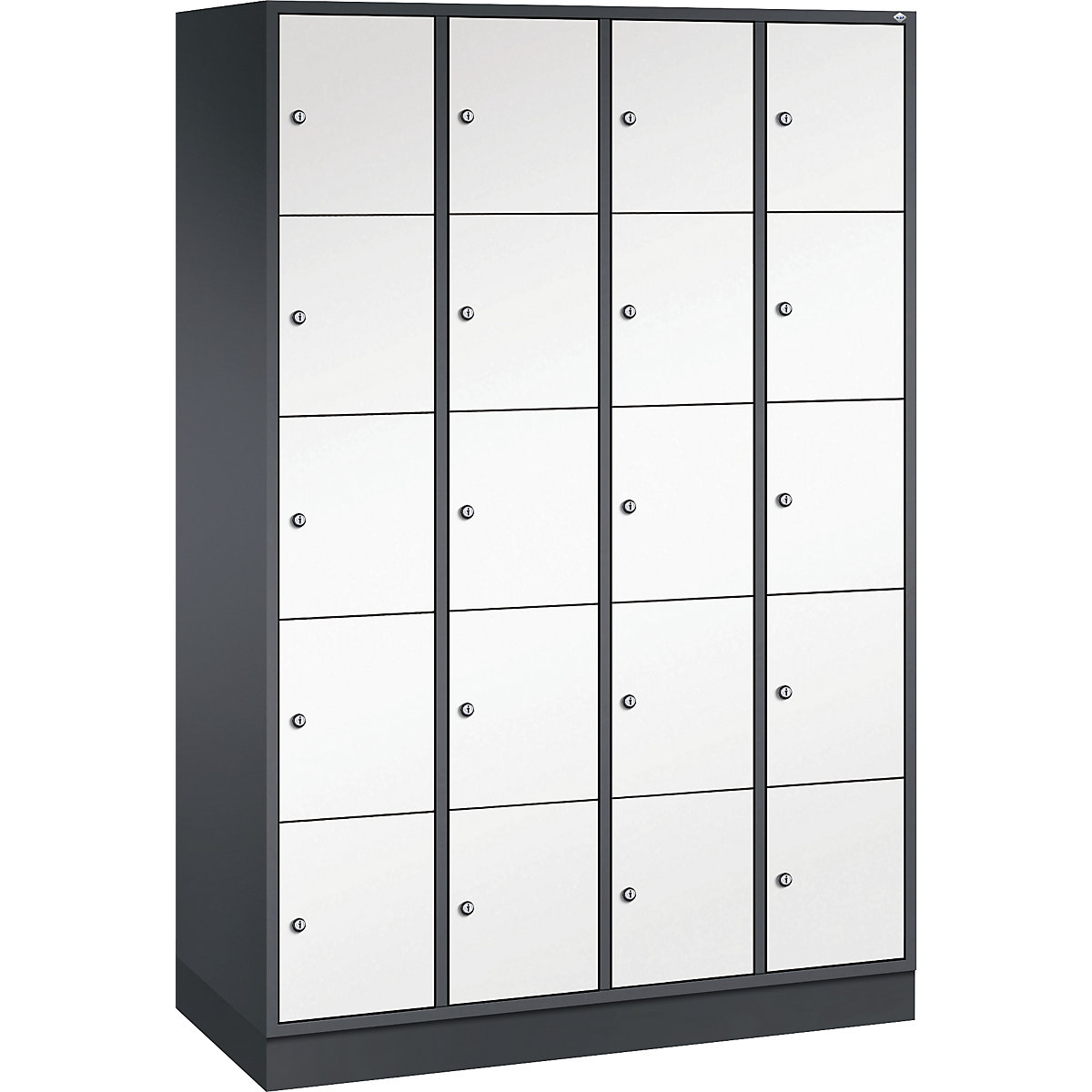 Dulap din oțel cu compartimente cu încuietoare INTRO, înălțime compartiment 345 mm – C+P, lăț. x ad. 1220 x 500 mm, 20 compartimente, corp gri negru, uși alb pur