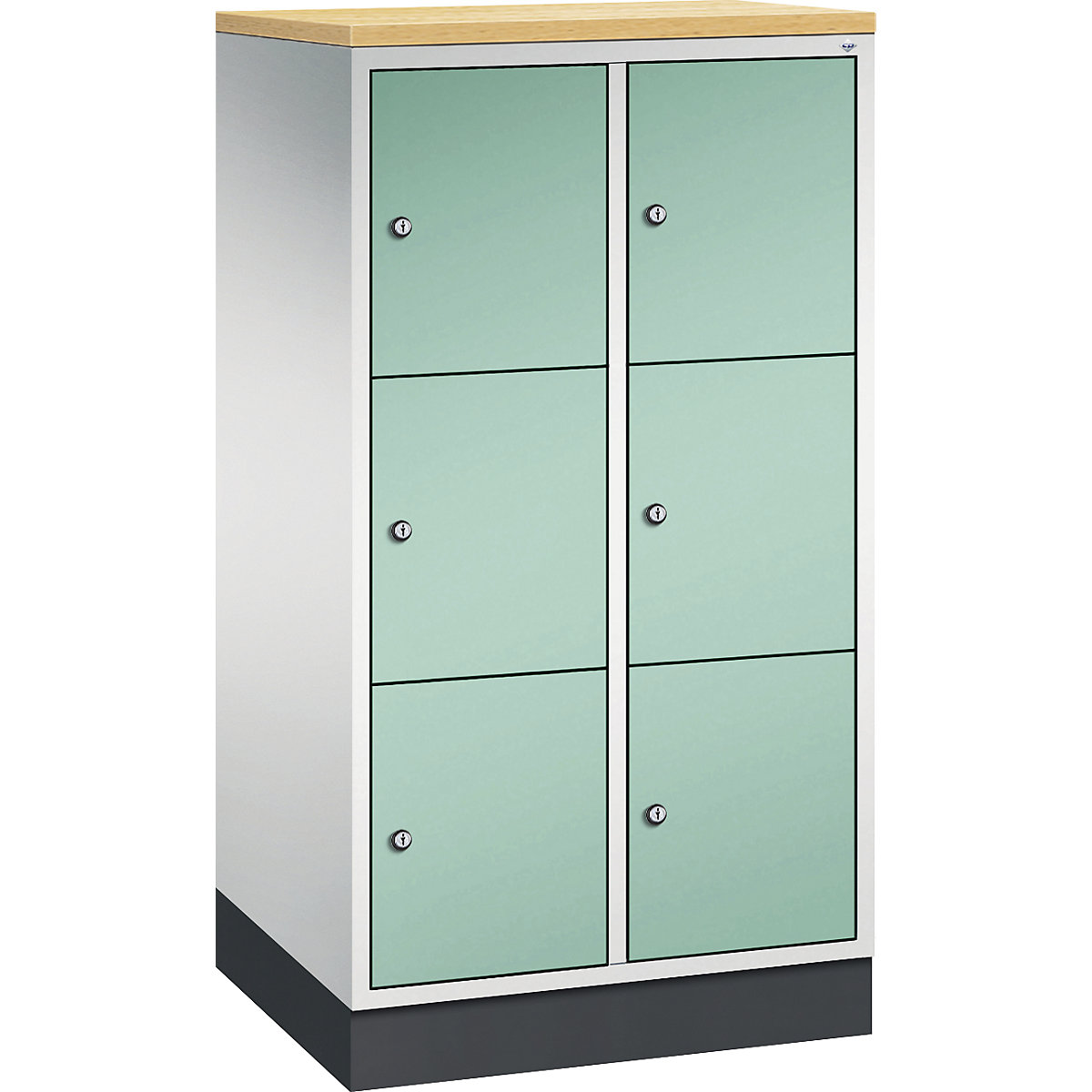 Dulap din oțel cu compartimente cu încuietoare INTRO, înălțime compartiment 345 mm – C+P, lăț. x ad. 620 x 500 mm, 6 compartimente, corp gri deschis, uși verde deschis