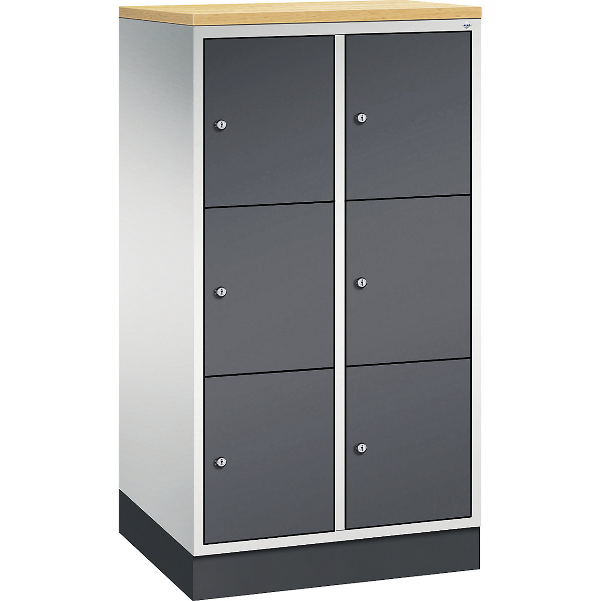 Dulap din oțel cu compartimente cu încuietoare INTRO, înălțime compartiment 345 mm – C+P, lăț. x ad. 620 x 500 mm, 6 compartimente, corp gri deschis, uși gri negru