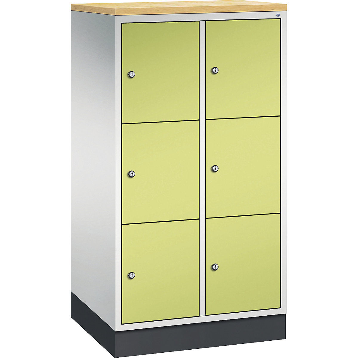 Dulap din oțel cu compartimente cu încuietoare INTRO, înălțime compartiment 345 mm – C+P, lăț. x ad. 620 x 500 mm, 6 compartimente, corp gri deschis, uși verde viridin
