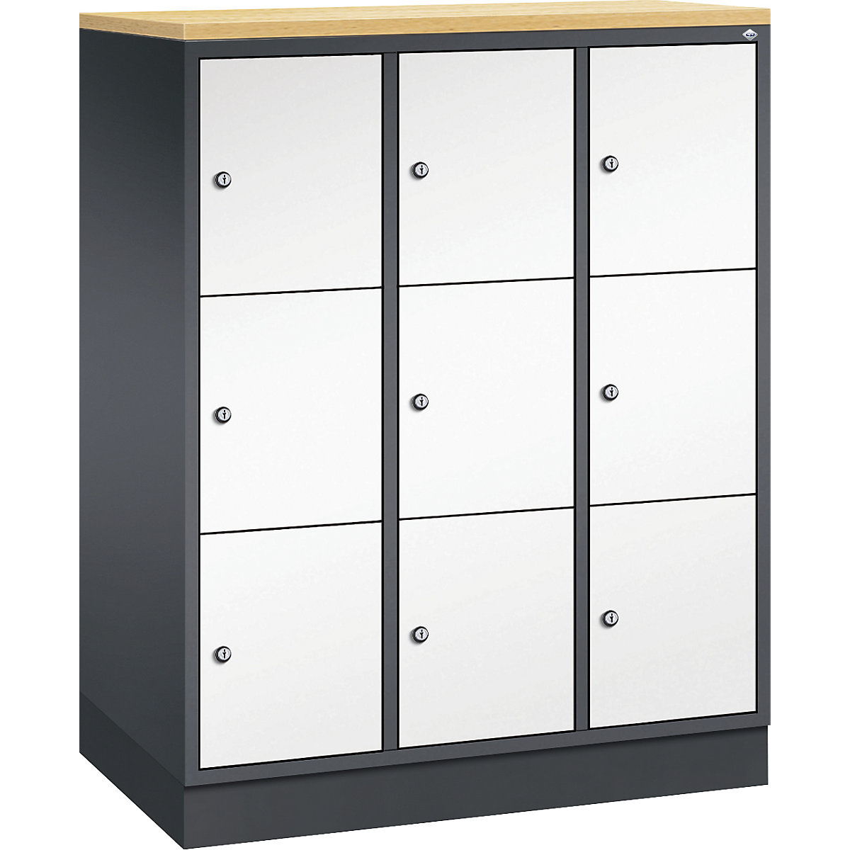 Dulap din oțel cu compartimente cu încuietoare INTRO, înălțime compartiment 345 mm – C+P, lăț. x ad. 920 x 500 mm, 9 compartimente, corp gri negru, uși alb pur