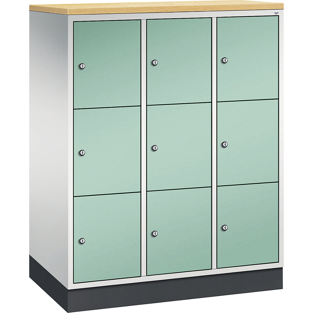 Dulap din oțel cu compartimente cu încuietoare INTRO, înălțime compartiment 345 mm – C+P, lăț. x ad. 920 x 500 mm, 9 compartimente, corp gri deschis, uși verde deschis