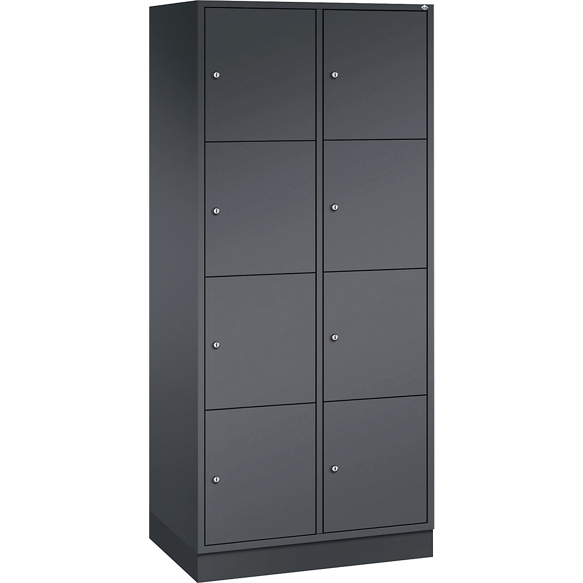 Dulap din oțel cu compartimente cu încuietoare INTRO, înălțime compartiment 435 mm – C+P, lăț. x ad. 820 x 500 mm, 8 compartimente, corp gri negru, uși gri negru