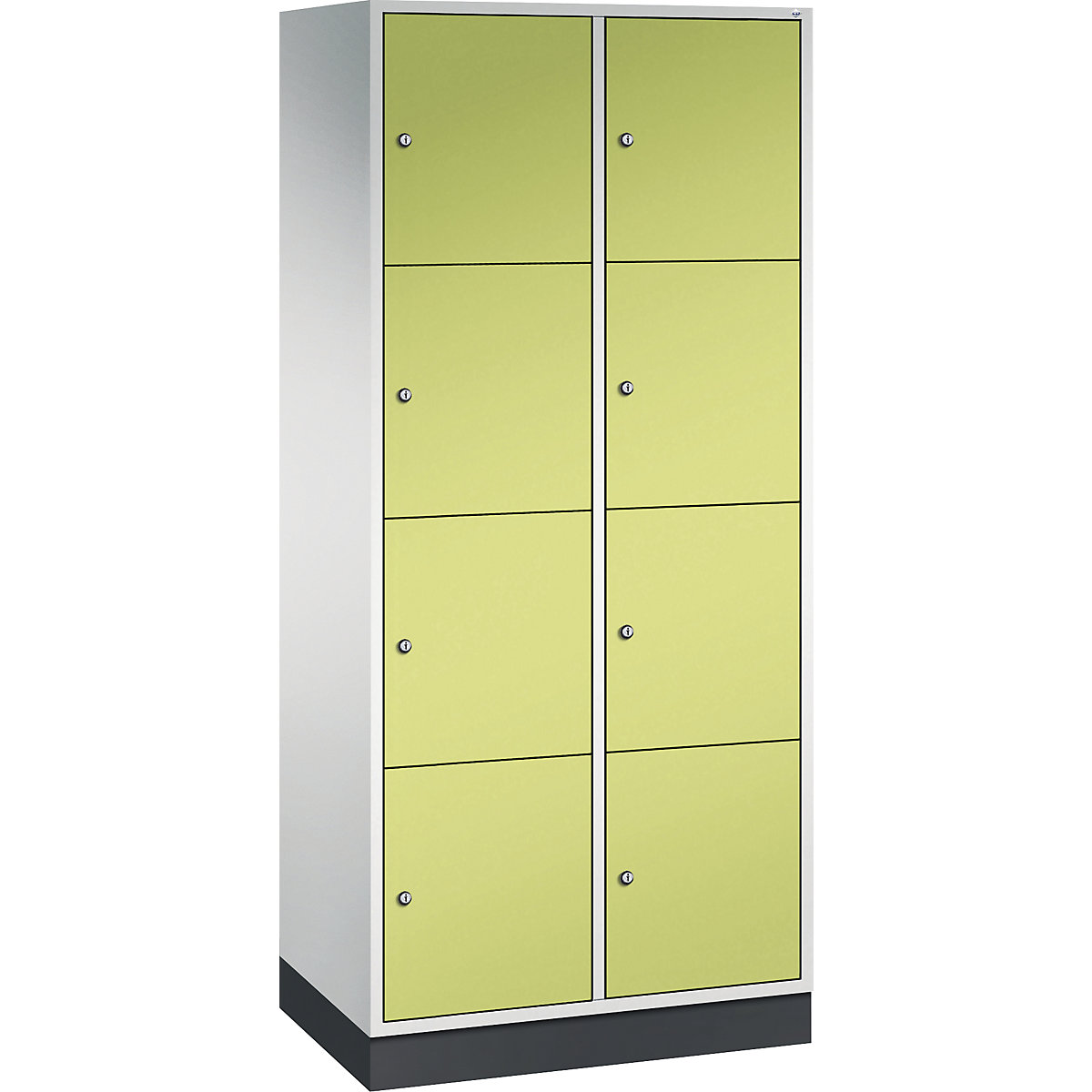Dulap din oțel cu compartimente cu încuietoare INTRO, înălțime compartiment 435 mm – C+P, lăț. x ad. 820 x 500 mm, 8 compartimente, corp gri deschis, uși verde viridin
