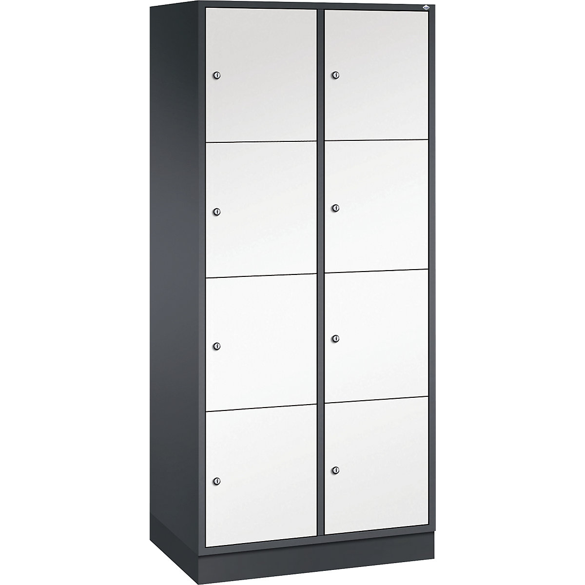 Dulap din oțel cu compartimente cu încuietoare INTRO, înălțime compartiment 435 mm – C+P, lăț. x ad. 820 x 500 mm, 8 compartimente, corp gri negru, uși alb pur