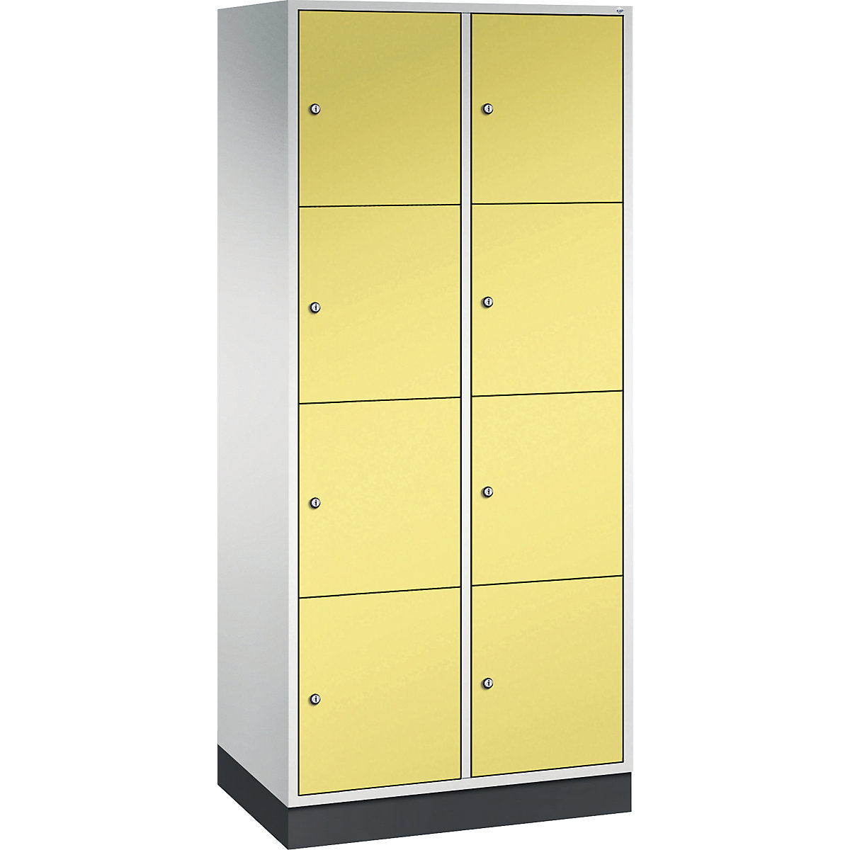 Dulap din oțel cu compartimente cu încuietoare INTRO, înălțime compartiment 435 mm – C+P, lăț. x ad. 820 x 500 mm, 8 compartimente, corp gri deschis, uși galben sulf