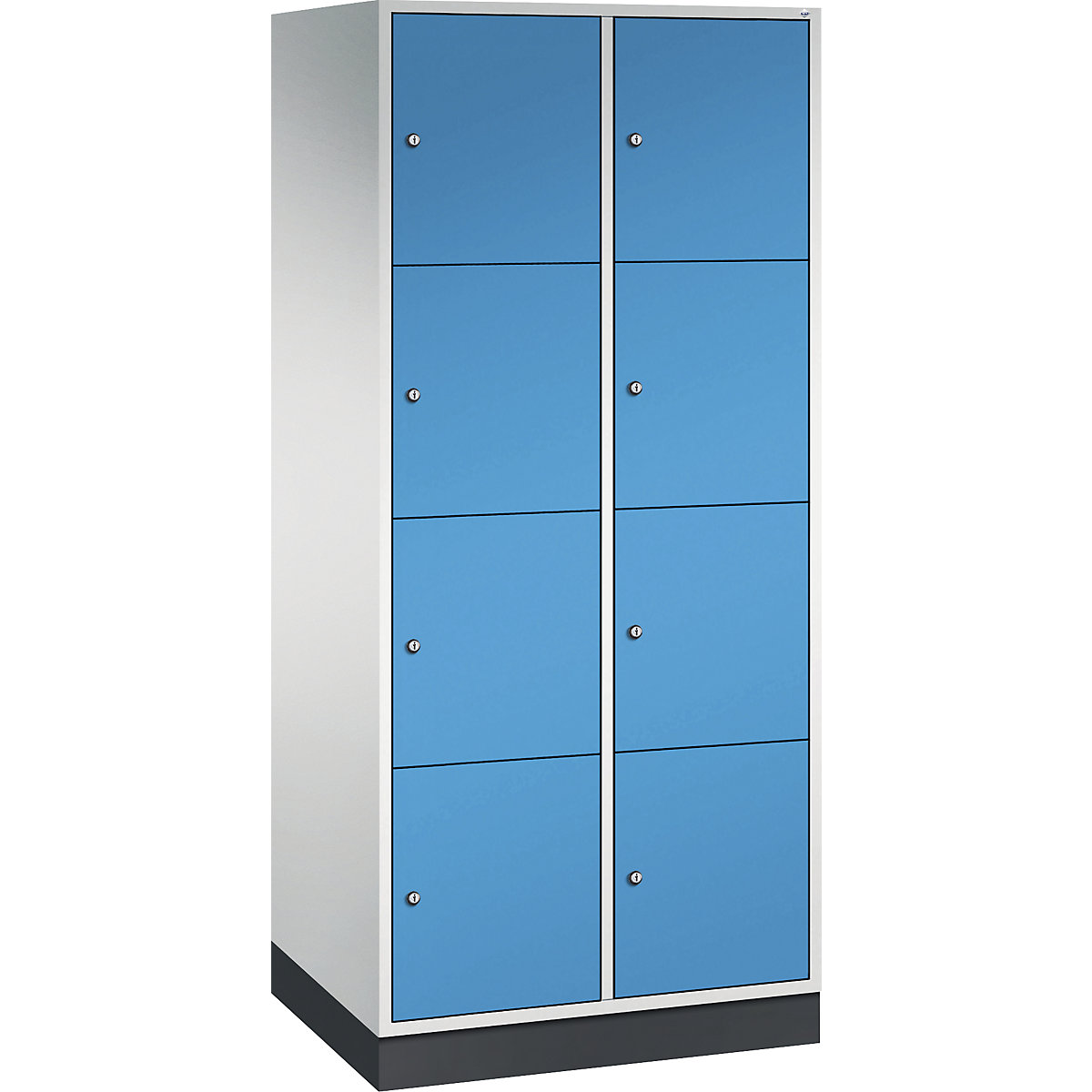 Dulap din oțel cu compartimente cu încuietoare INTRO, înălțime compartiment 435 mm – C+P, lăț. x ad. 820 x 600 mm, 8 compartimente, corp gri deschis, uși albastru deschis