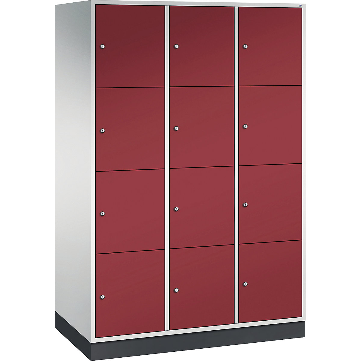 Dulap din oțel cu compartimente cu încuietoare INTRO, înălțime compartiment 435 mm – C+P, lăț. x ad. 1220 x 600 mm, 12 compartimente, corp gri deschis, uși roșu rubin