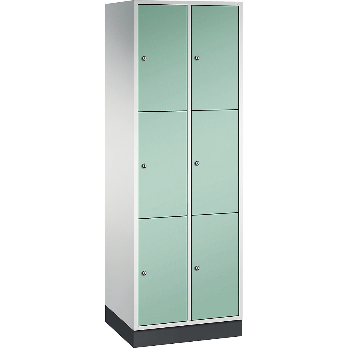 Dulap din oțel cu compartimente cu încuietoare INTRO, înălțime compartiment 580 mm – C+P, lăț. x ad. 620 x 500 mm, 6 compartimente, corp gri deschis, uși verde deschis